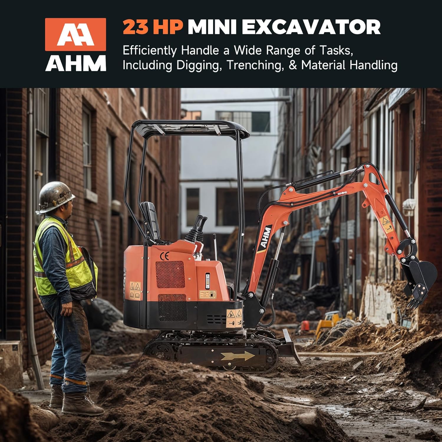 AMH Mini Excavator Machine with Rake, 2866 Pounds Crawler Excavator with 23 hp EPA Engine & Pilot Controls, Trench Digger with Canopy & Adjustable Seat for Garden Farm Park Construction Site
