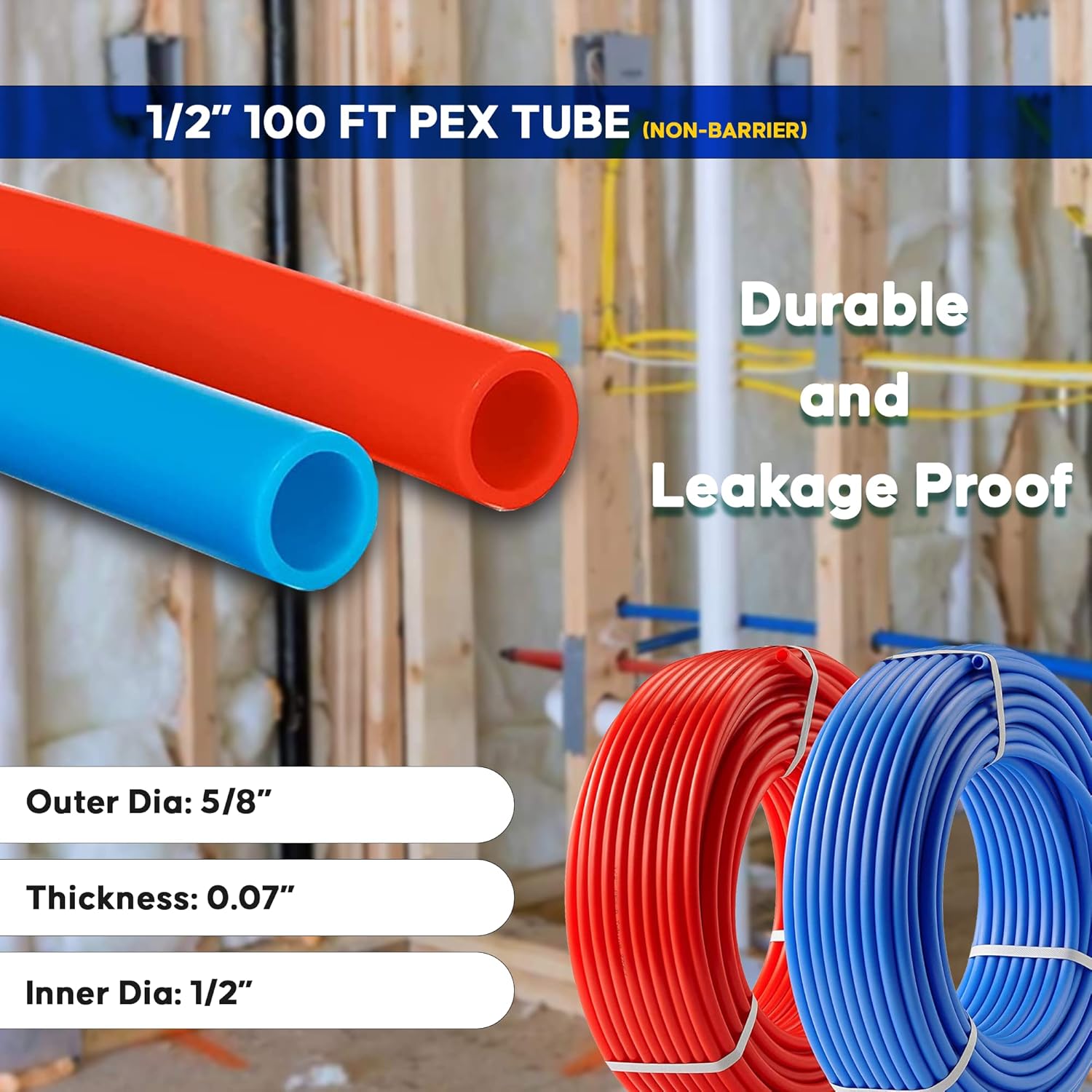 PEX B Tubing - 2 Rolls of PEX Tubing - 1/2 Inch X 100 ft Blue and Red Pipe - Non-Barrier Radiant Heating Plumbing for Cold and Hot Water (Type B)