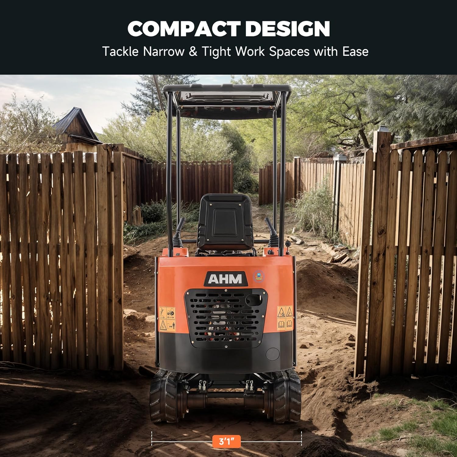 AHM 23HP Mini Excavator Machine with Quick Change Hitch, 1.3 Ton Crawler Excavator with EPA Certified Gasoline Engine, Trench Digger with Canopy & Adjustable Seat for Garden Farm Construction Site