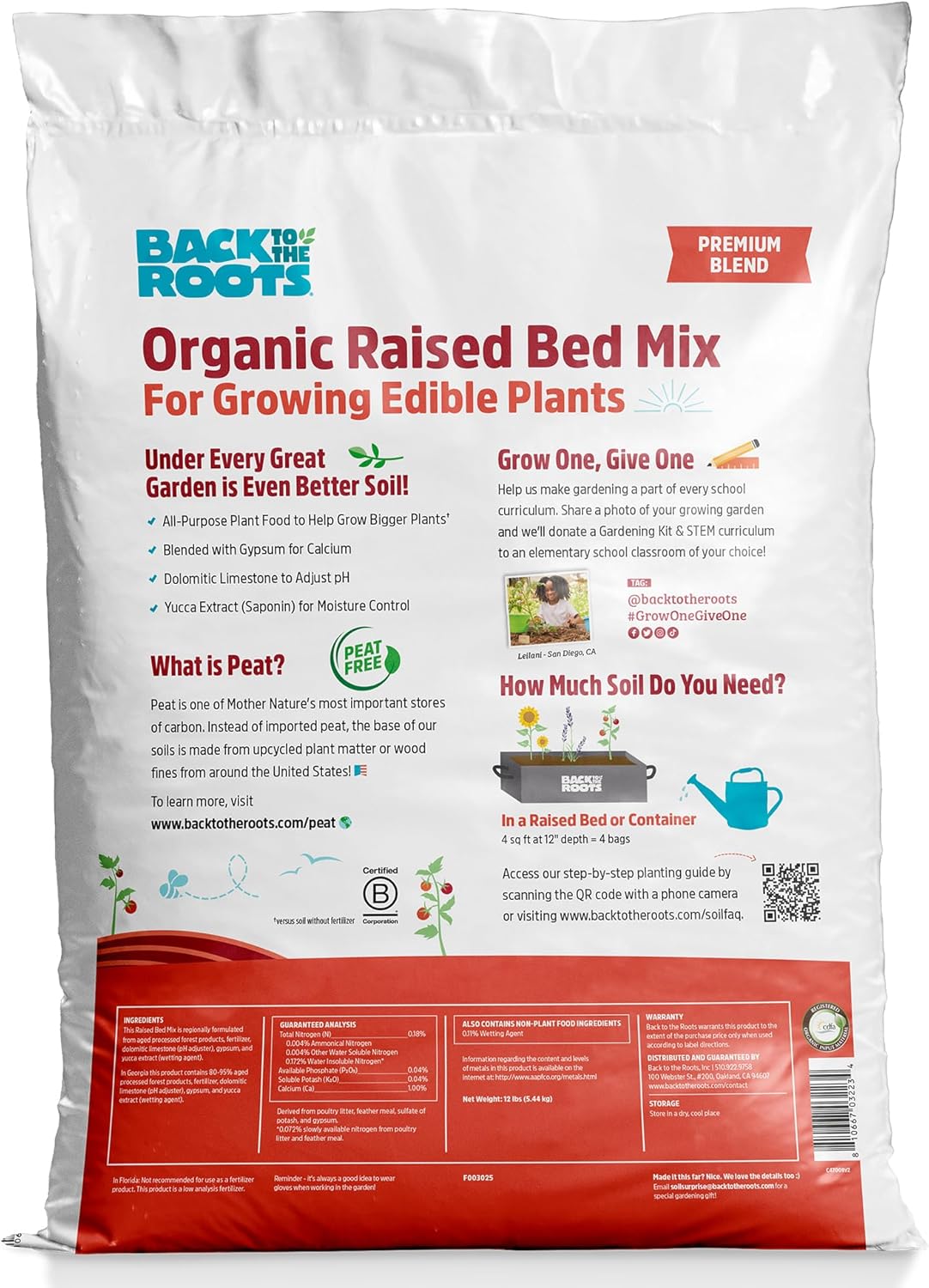 Back to the Roots 100% Organic Raised Bed Soil, Fills 8' x 4' Garden Bed, 60 cu ft, Made in USA, Peat-Free