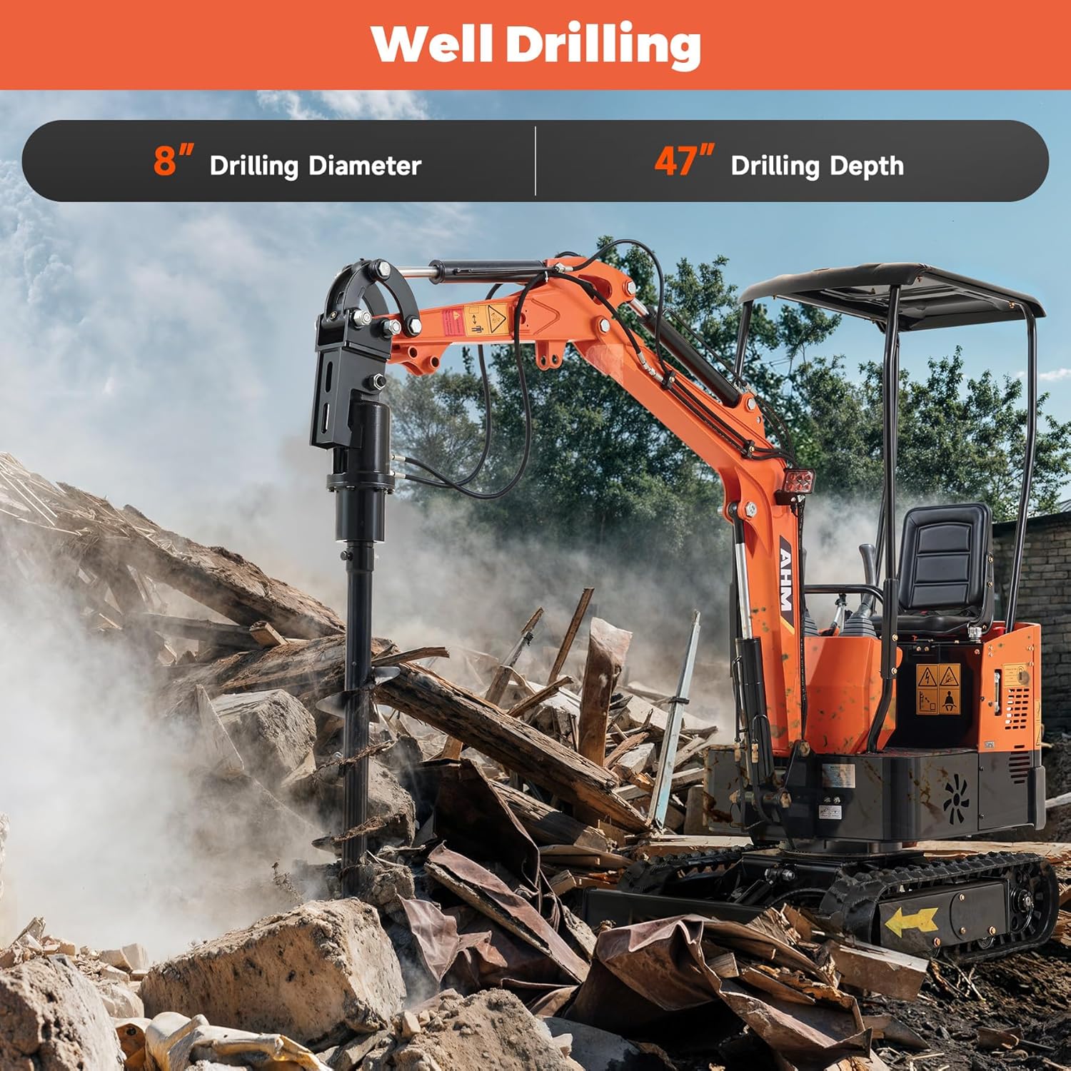 AHM Auger Drill Attachment for Mini Excavator, Hydraulic Mini Excavator Attachment with 2 Hydraulic Hoses, 8" Diameter 47" Depth, Mini Excavator Earth Auger Drive for Drilling Digging Planting