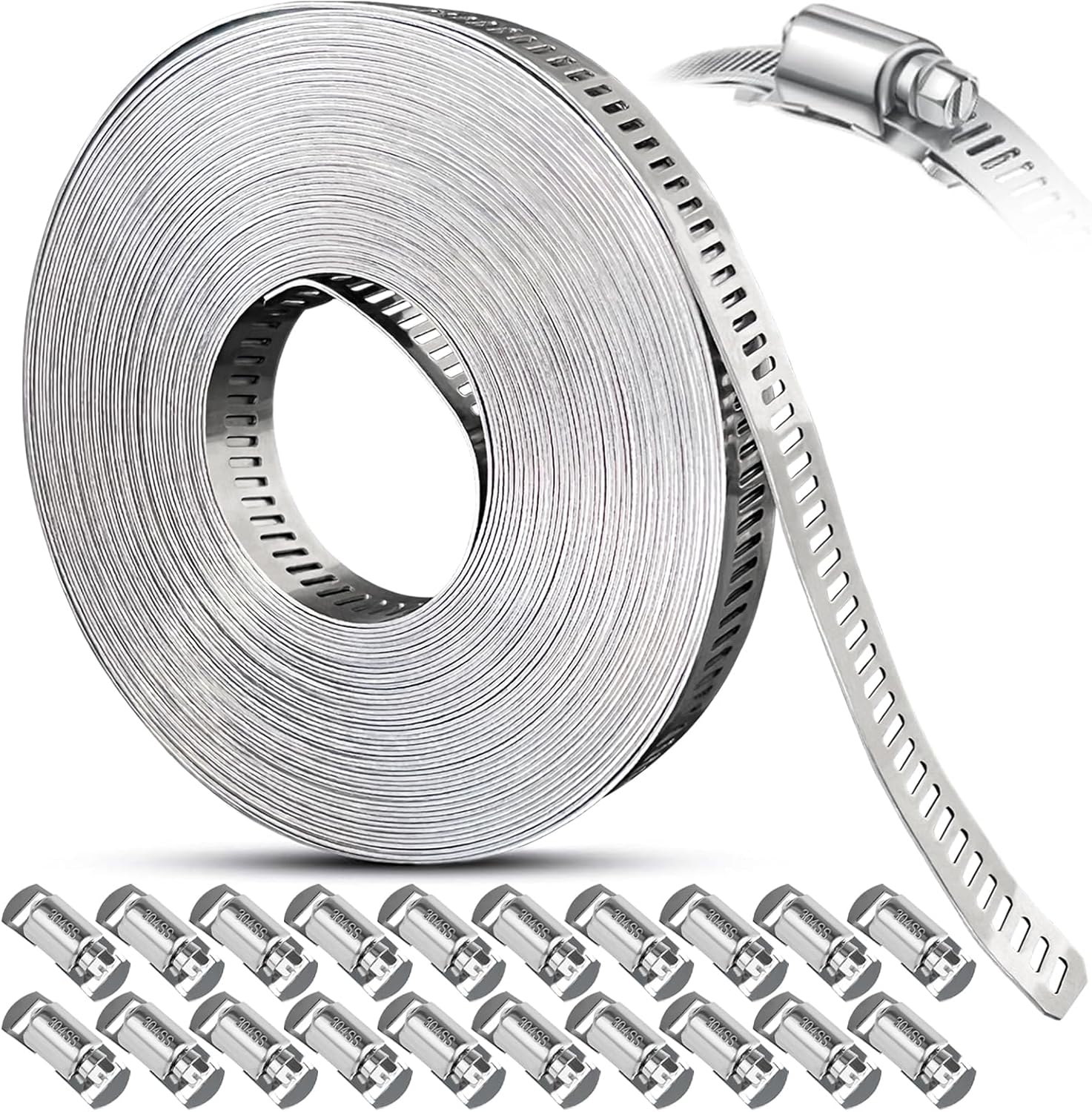 Hose Clamps Assortment Kit, Worm Gear Duct Pipe Hose, 304 Stainless Steel Band Fittings Strap, 32.81FT DIY Large Adjustable Metal Bolt with 20 Stronger Fasteners Screw for Plumbing Auto Tube Fuel Line