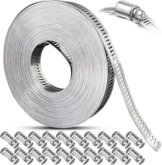 Hose Clamps Assortment Kit, Worm Gear Duct Pipe Hose, 304 Stainless Steel Band Fittings Strap, 32.81FT DIY Large Adjustable Metal Bolt with 20 Stronger Fasteners Screw for Plumbing Auto Tube Fuel Line