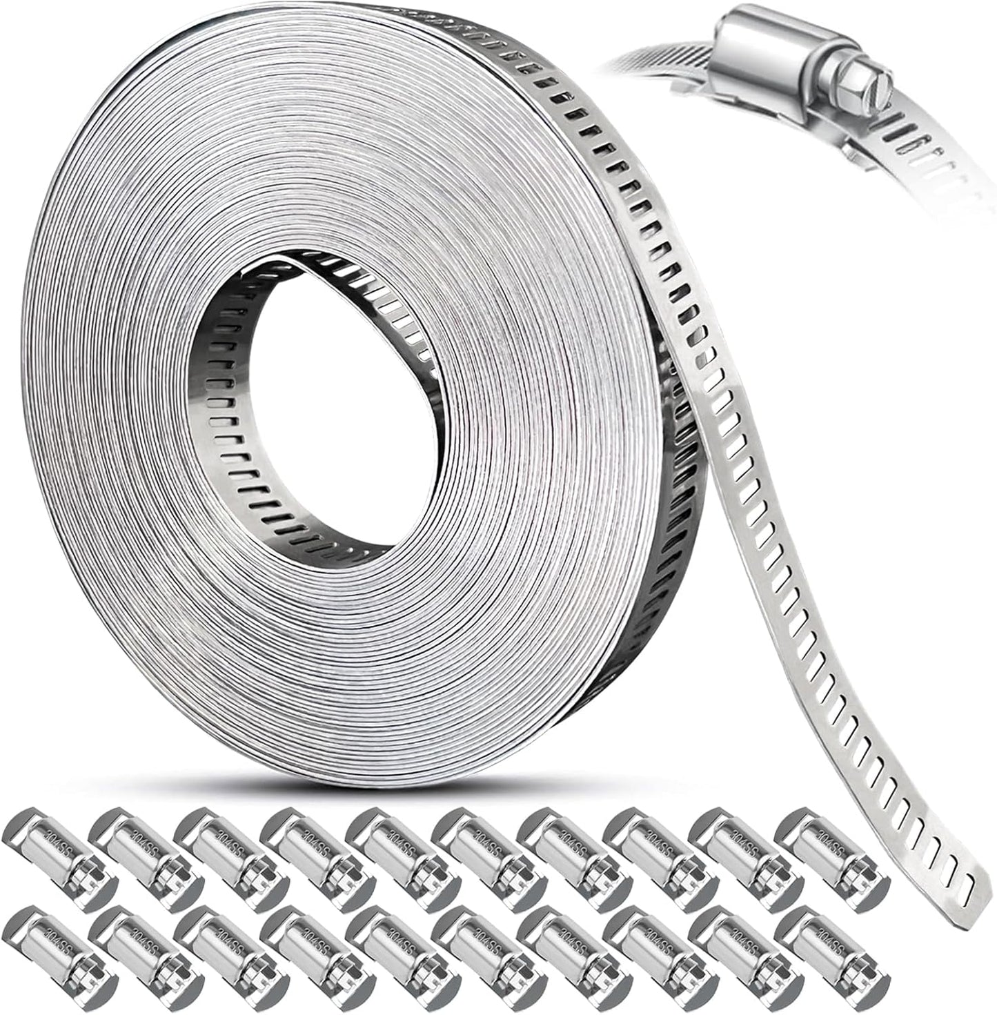 Hose Clamps Assortment Kit, Worm Gear Duct Pipe Hose, 304 Stainless Steel Band Fittings Strap, 32.81FT DIY Large Adjustable Metal Bolt with 20 Stronger Fasteners Screw for Plumbing Auto Tube Fuel Line