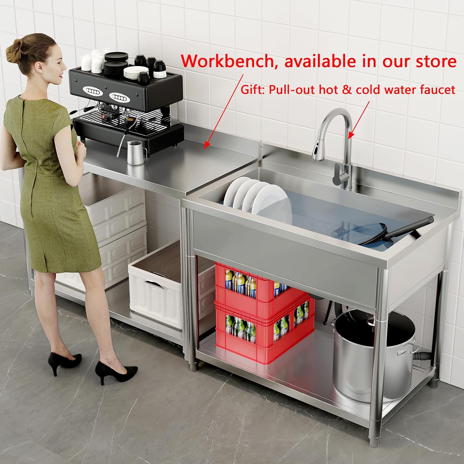 Stainless Steel Utility Sink, Large Freestanding Laundry Sink with Pull-out Faucet for Kitchen, Bathroom, Laundry Room, Garage, Outdoor/Indoor Use, Pet Cleaning, D21.65 x W35.43 x H36.61 inch