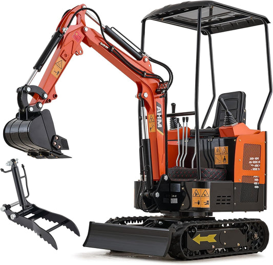 AHM Mini Excavator Machine with Hydraulic Thumb Clip, 1.3 Ton Crawler Excavator with EPA Certified 23 hp Engine, Trench Digger with Canopy & Adjustable Seat for Garden Farm Park Construction Site