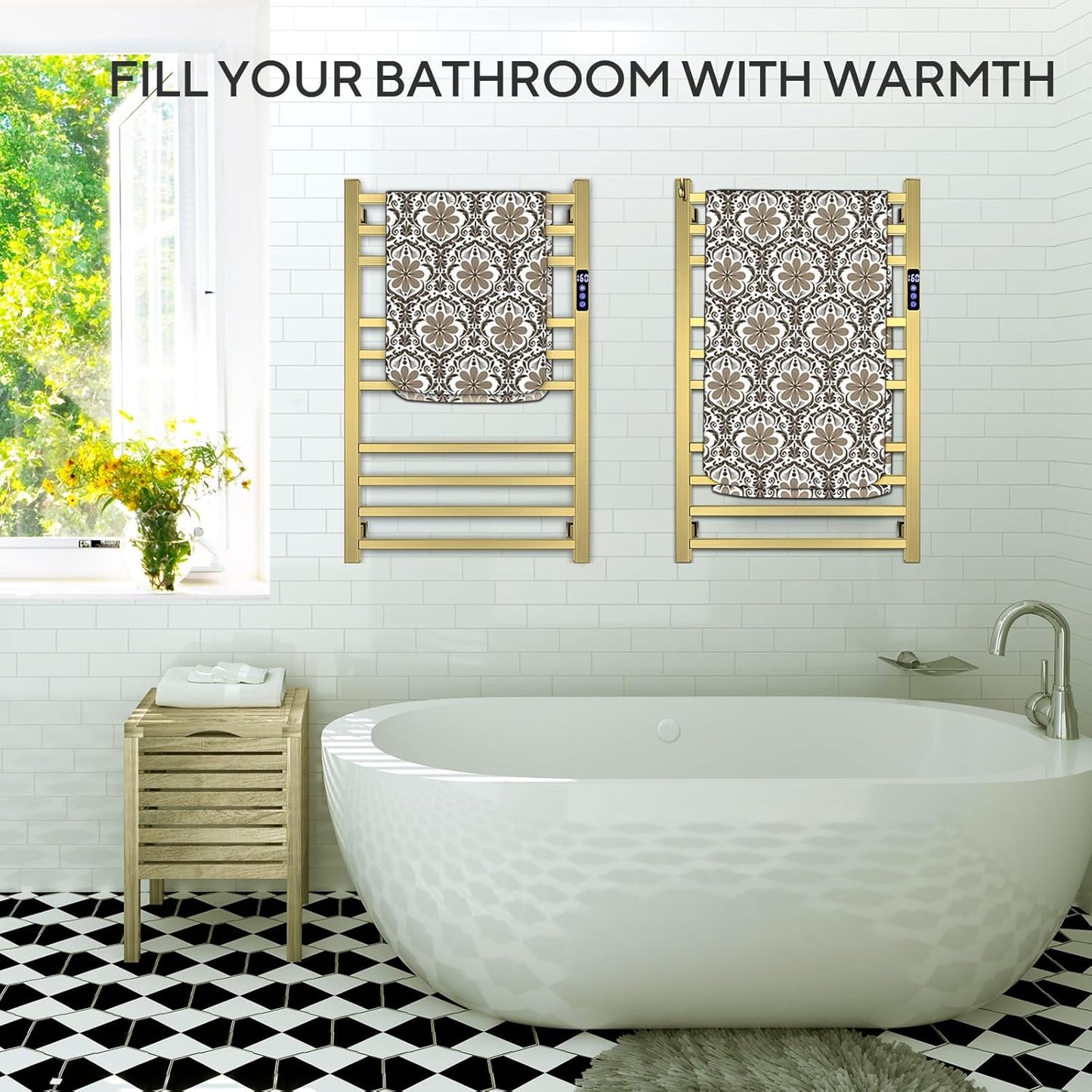 Towel Warmer Rack for Bathroom with Timer/Fahrenheit Temperature Control Wall Mounted Electric Heated 10 Bar Rail Plug-in or Hardwired Keep Bath Shower Towel Warming (Brushed Gold)