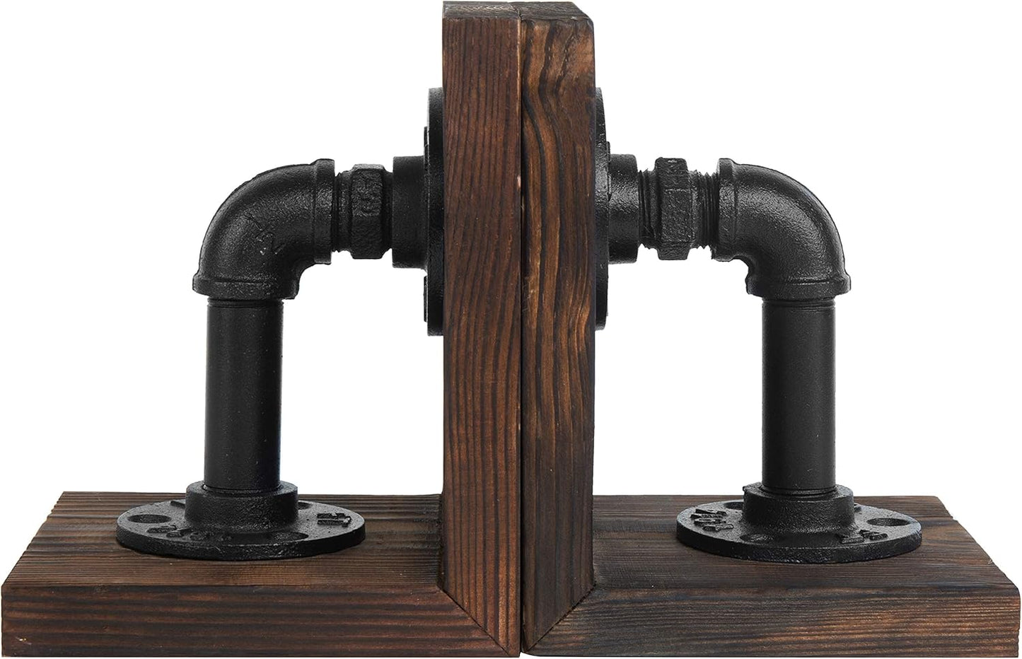 MyGift Book Ends,Bookends for Shelves,Metal Bookends for Heavy Books,Wood Decorative Book Stopper,with Realistic Industrial Pipe Design,Dark Brown Book End for Home Office