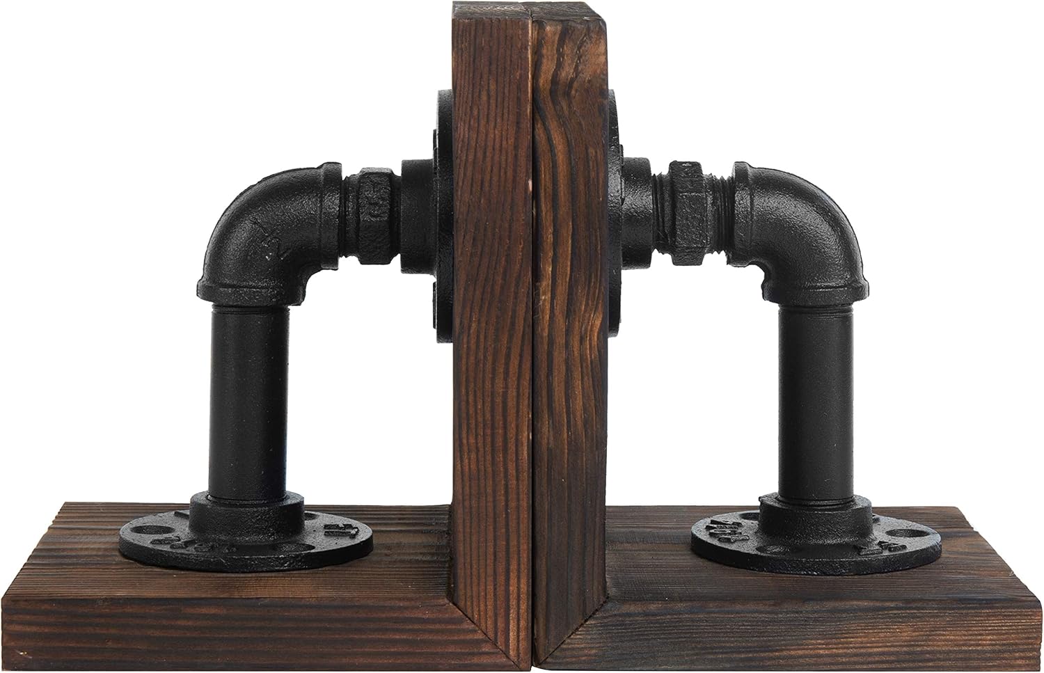 MyGift Book Ends,Bookends for Shelves,Metal Bookends for Heavy Books,Wood Decorative Book Stopper,with Realistic Industrial Pipe Design,Dark Brown Book End for Home Office