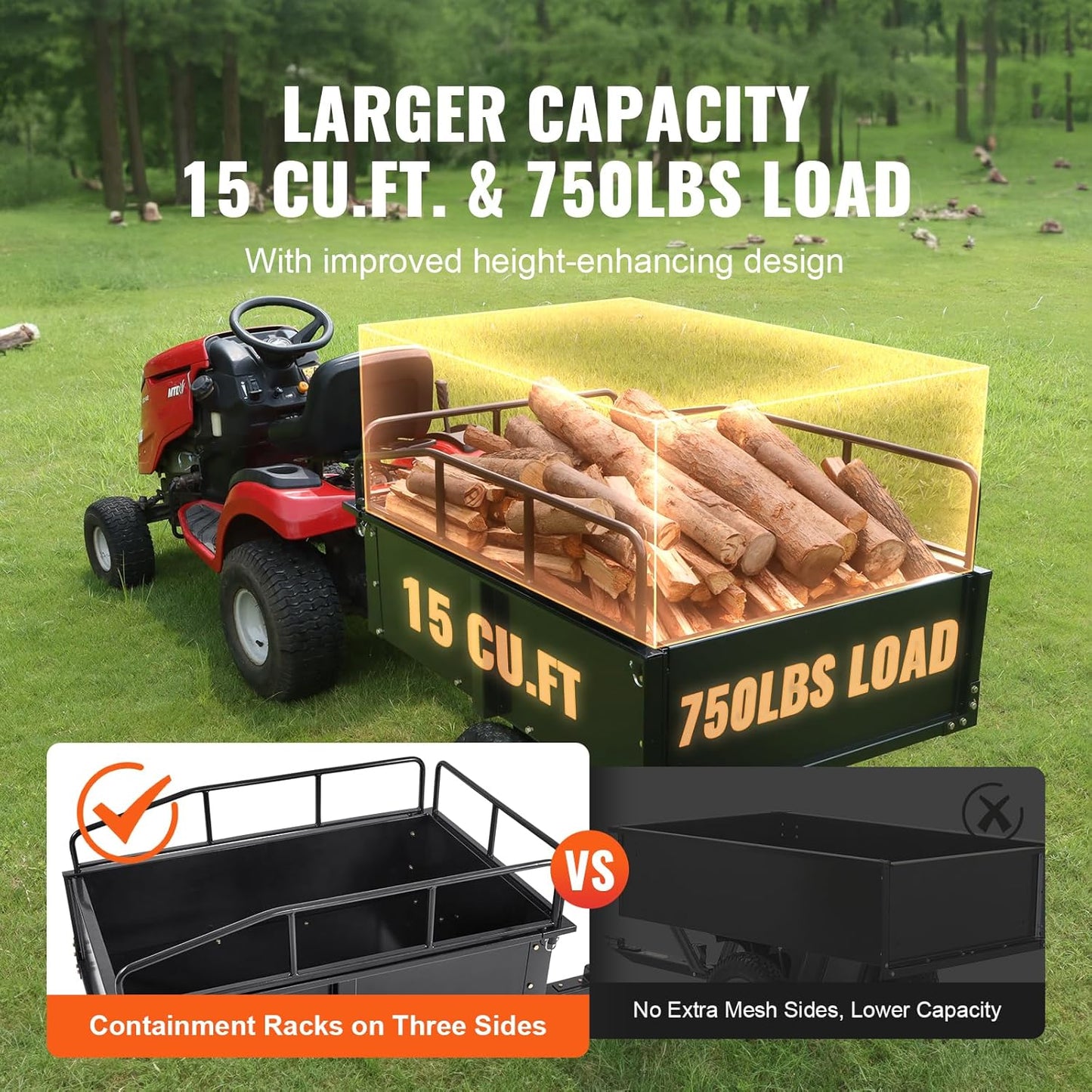 VEVOR Heavy Duty ATV Dump Cart - Steel Tow Behind trailer, 750 lbs, 15 Cubic Feet Garden Utility with Removable Sides