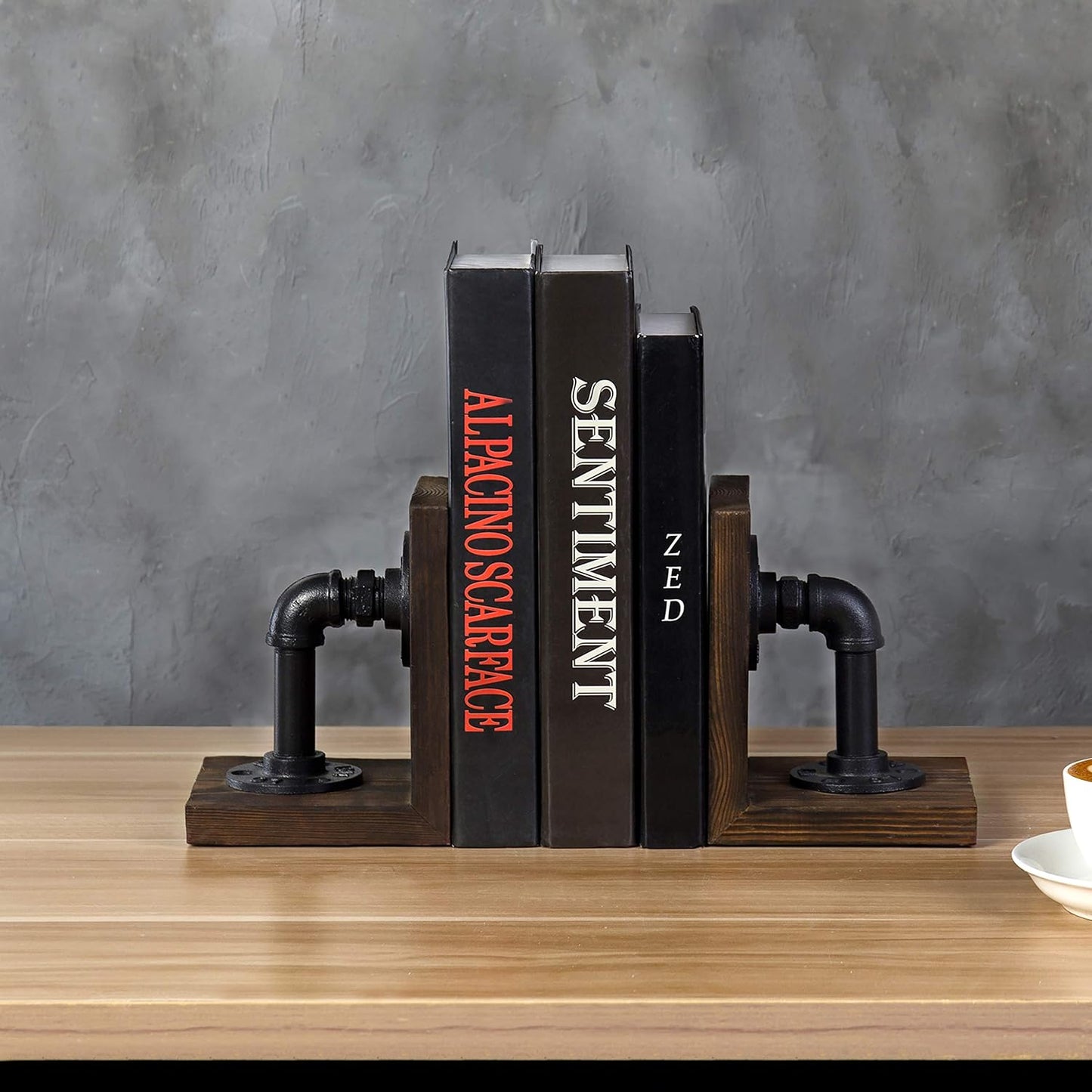 MyGift Book Ends,Bookends for Shelves,Metal Bookends for Heavy Books,Wood Decorative Book Stopper,with Realistic Industrial Pipe Design,Dark Brown Book End for Home Office