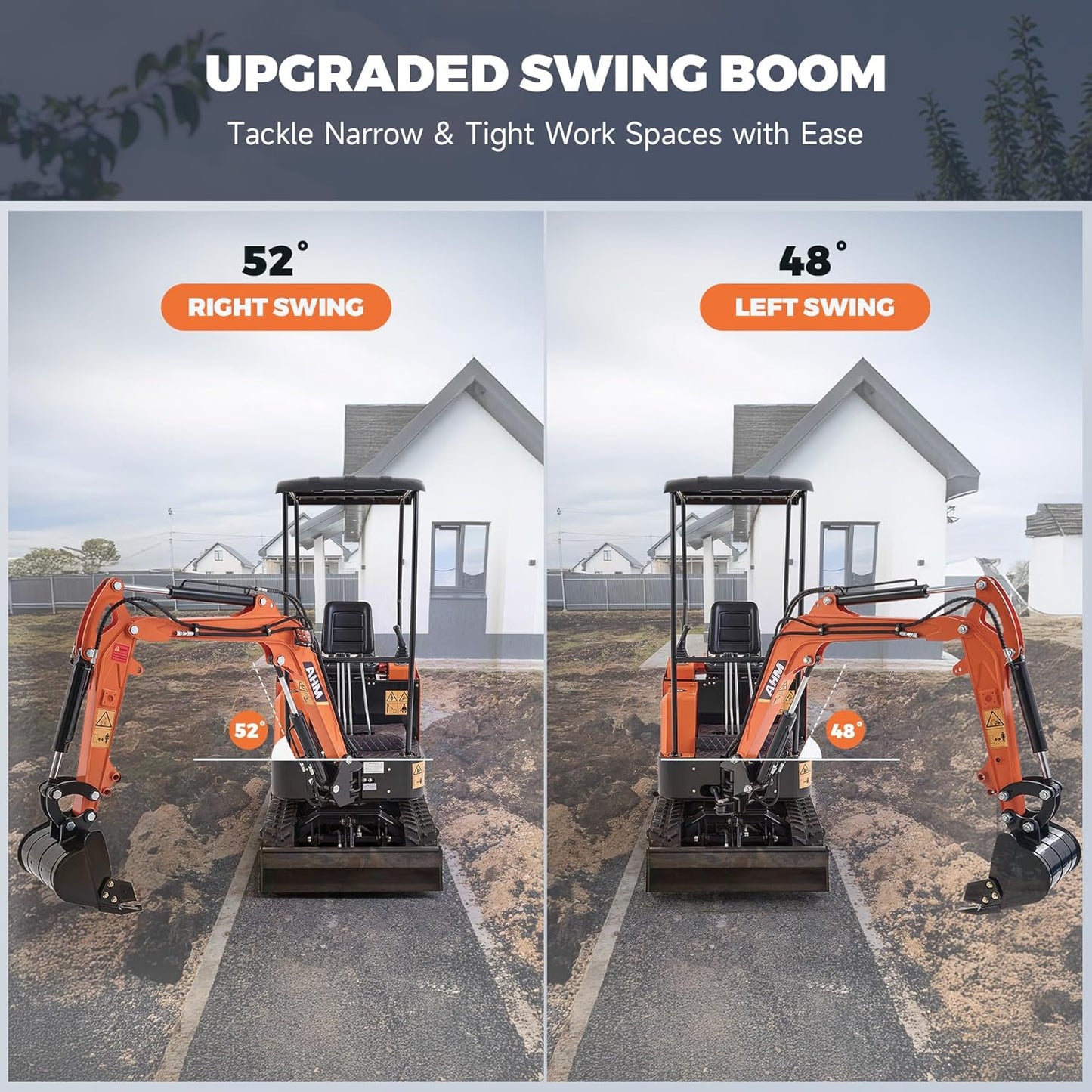 AHM 23hp Mini Excavator with Hydraulic Thumb Rake Grapple Quick Hitch, 1 Ton Crawler Excavator with Swing Boom & All-Terrain Tracks, Trench Digger for Garden Farm Construction Site Trenching Digging