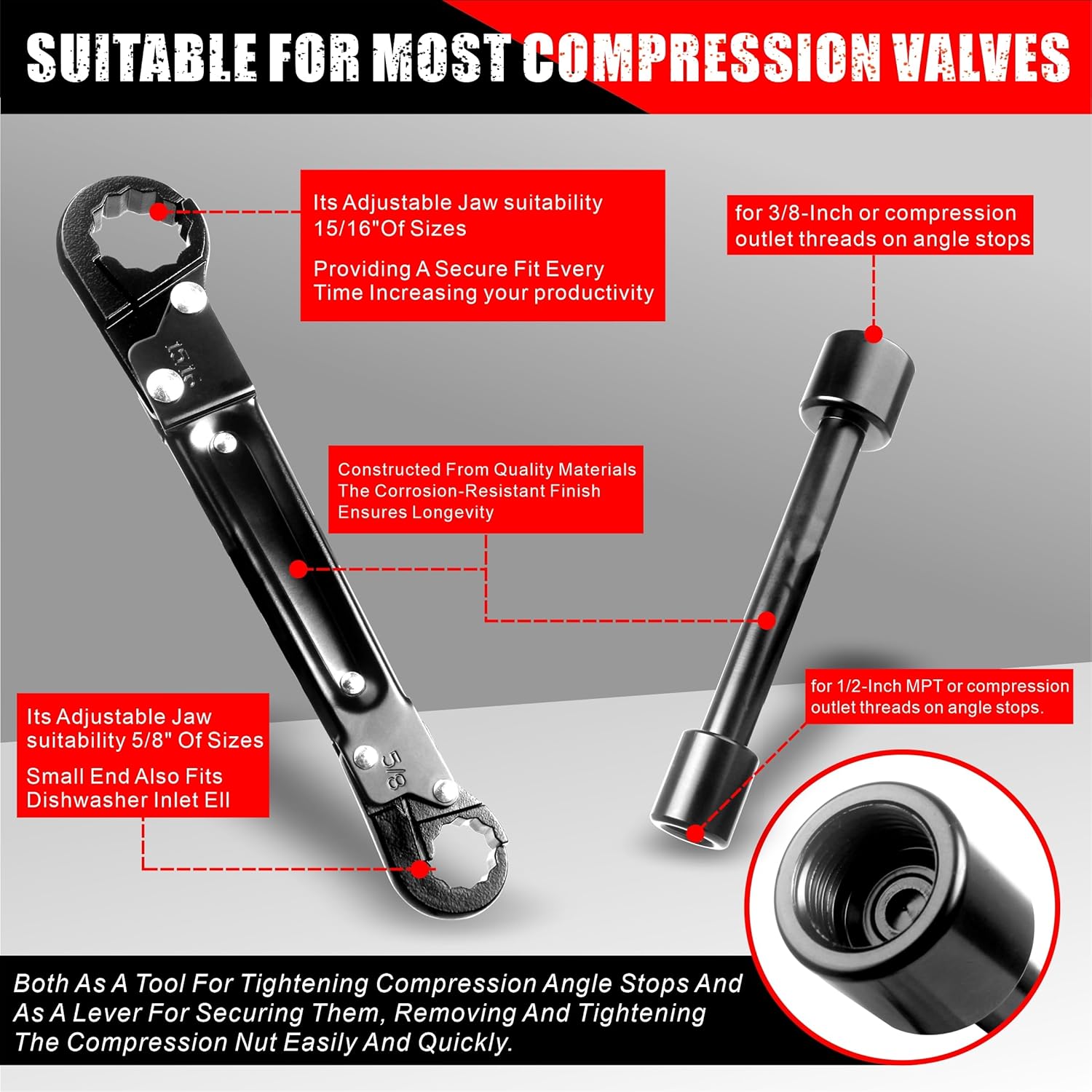 Plumbing Tools, Angle Stop Wrench Kit, Plumbing Wrench. New Compression Angle Stop and Removing the Compression Ring Professional Plumbing Toolset For Easy Angle Stop And Supply Nut Installation