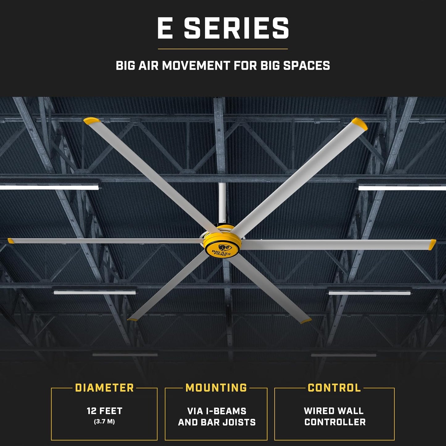 Big Ass Fans E Series 12 ft Industrial 6 Blade Ceiling Fan Gearless Direct Drive Motor, High Volume Low Speed, Wired Wall Remote, 110-125V/1ph - Silver/Yellow