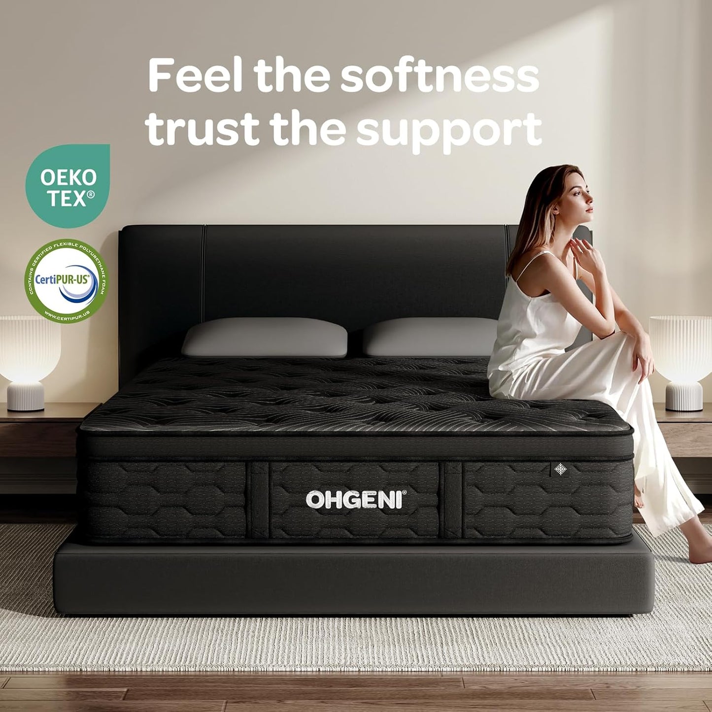 OhGeni 14 Inch Cooling Queen Size Mattress, Hybrid Gel-infused Memory Foam Bed Mattresses in a Box, Medium Feel Cool Top Fabric,Individual Pocket Spring, 3-Zone design & Reinforced Edge Support, Black