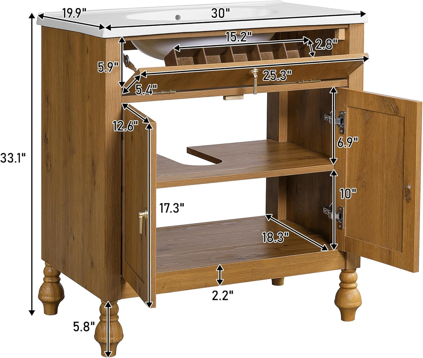 30-Inch Walnut Bathroom Vanity with Shell-Shaped Sink, Flip-Up Storage & Soft-Close Doors, 2 Tier Storage Cabinet, Ample Capacity,Modern Farmhouse Design – Small & Medium Bathrooms