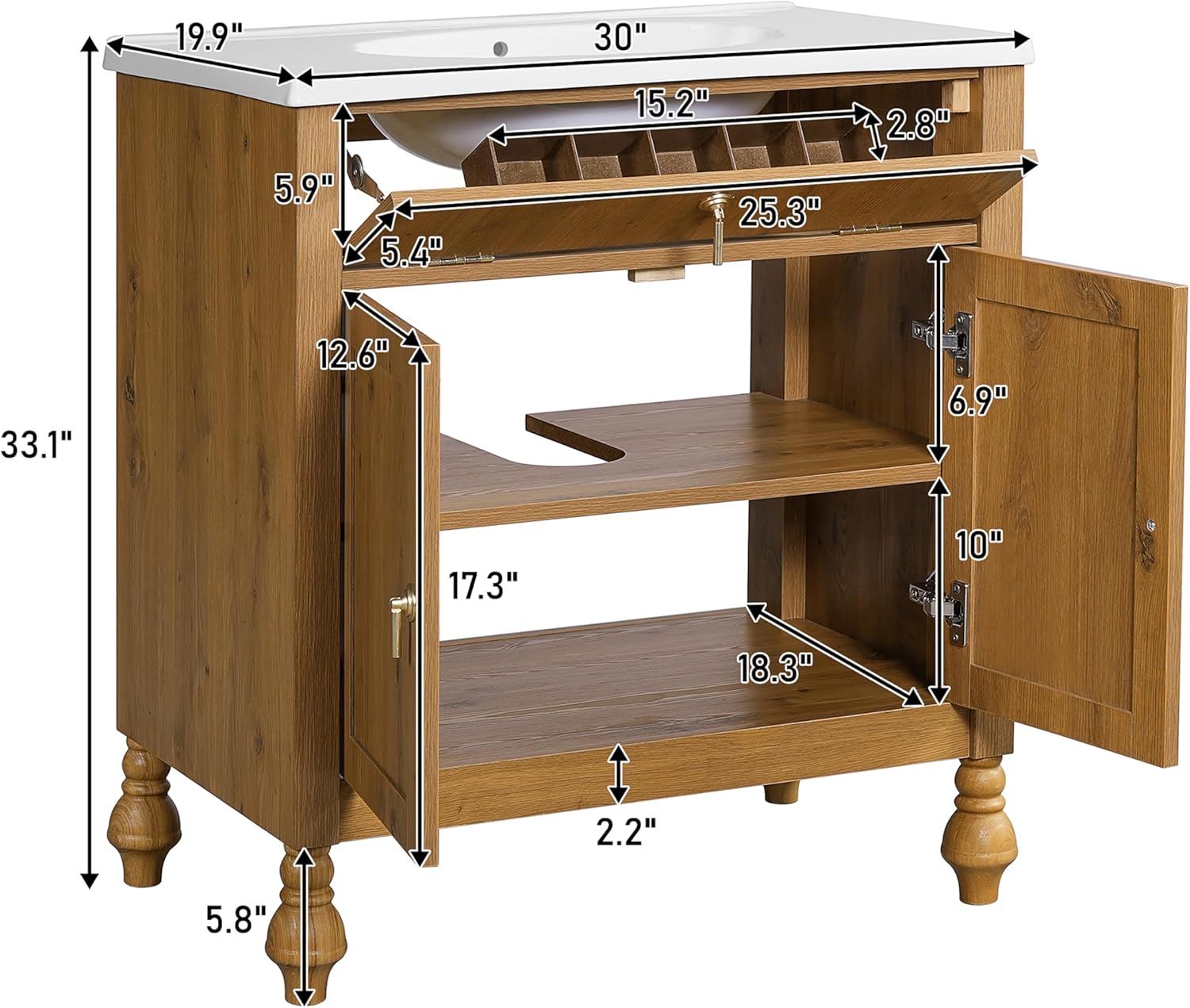 30-Inch Walnut Bathroom Vanity with Shell-Shaped Sink, Flip-Up Storage & Soft-Close Doors, 2 Tier Storage Cabinet, Ample Capacity,Modern Farmhouse Design – Small & Medium Bathrooms