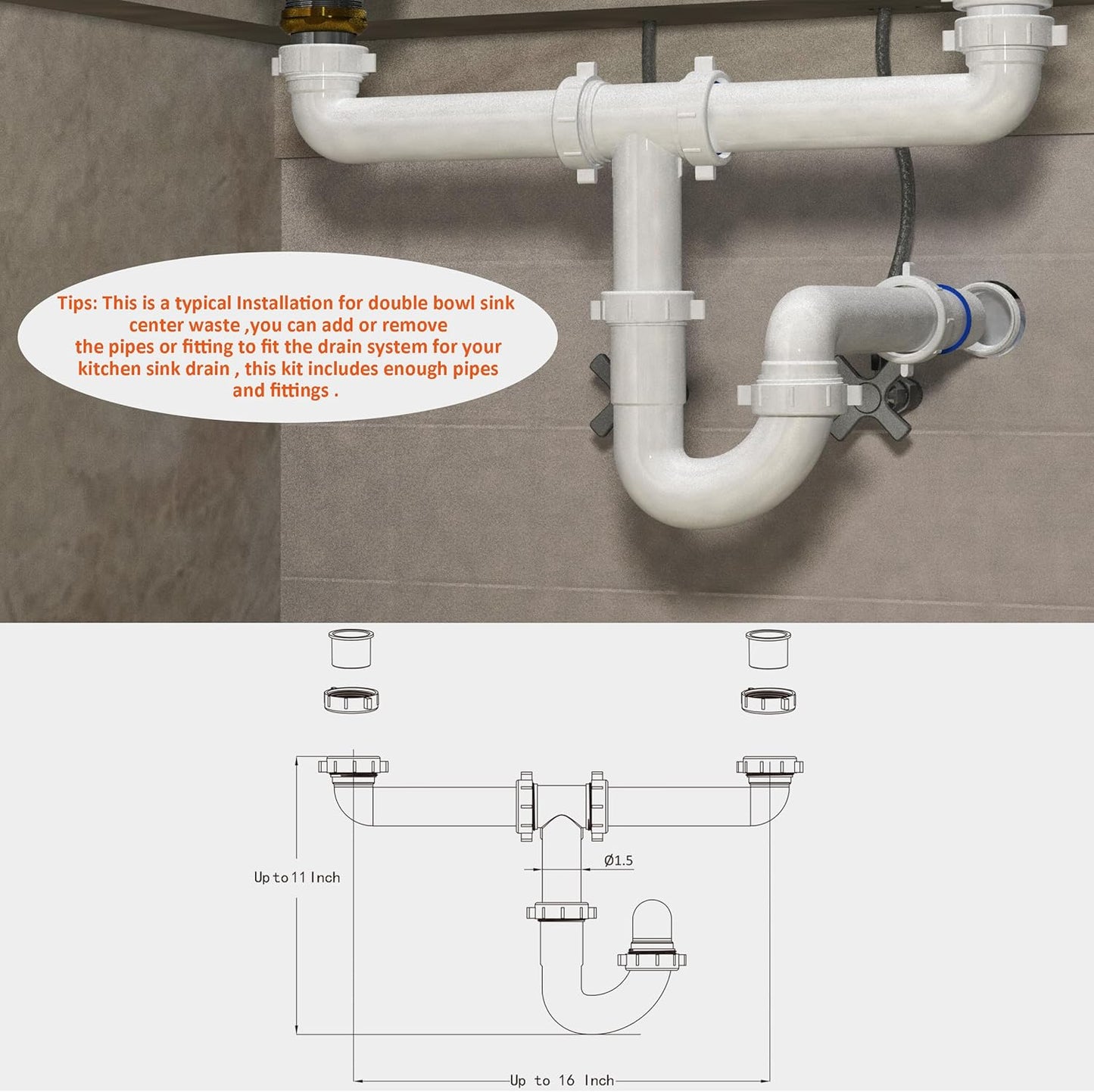 Kitchen Sink Drain Kit,1-1/2”,for Most Kitchen Sink Drain Repair Kit and Bathroom Sink Drain Kit, Kitchen Sink P Trap Drain Kit 1 1/2” for Sink Plumbing Kit, Completed Sink Pipe Replacement Kit