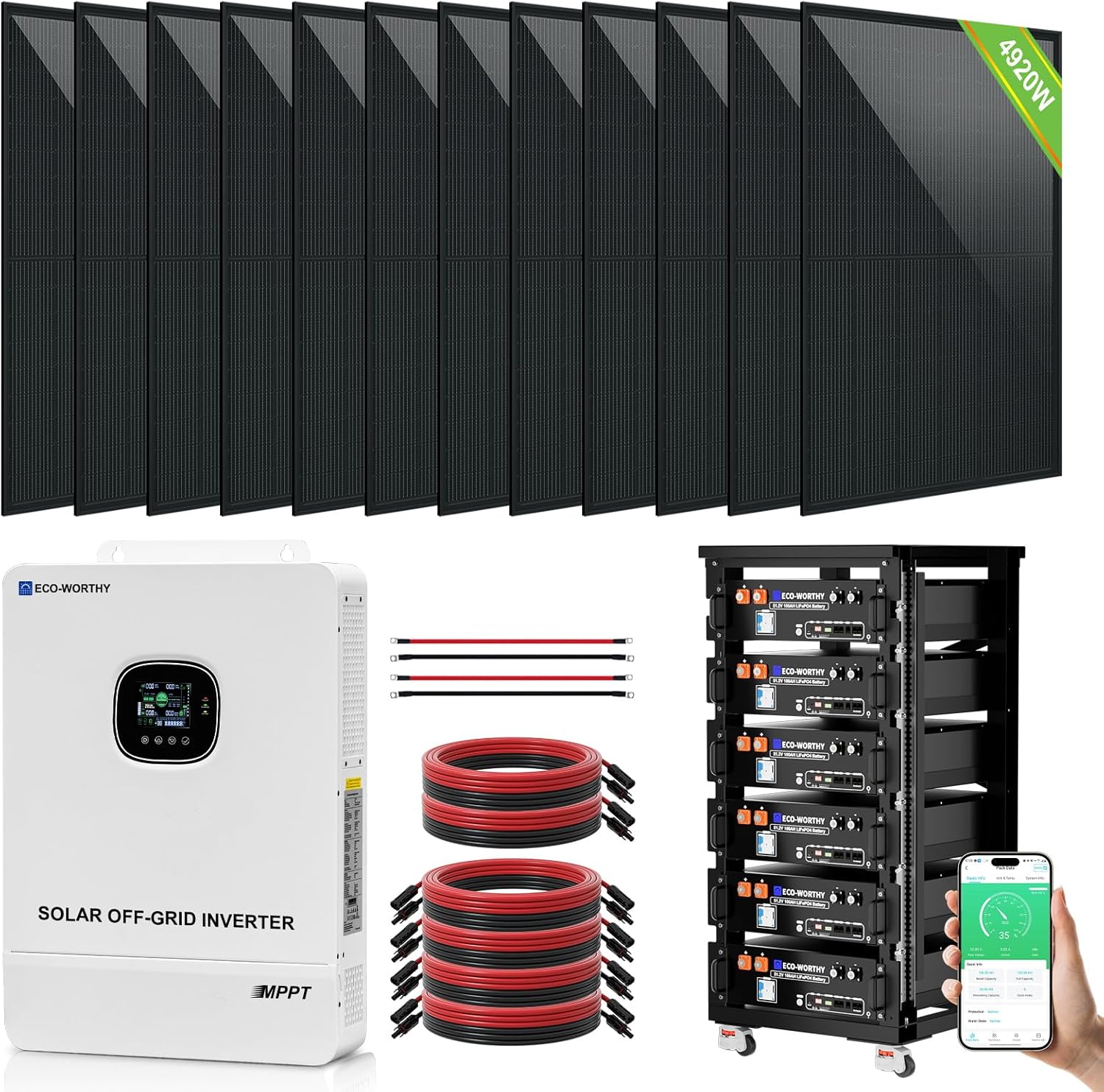 ECO-WORTHY 10KW Output Home Off-Grid Solar Power System: 30.72kwh Server Cabinet with Communication Lithium Battery, Large Capacity, More Freedom.4920W Monocrystalline Photovoltaic Solar Panel Matrix.