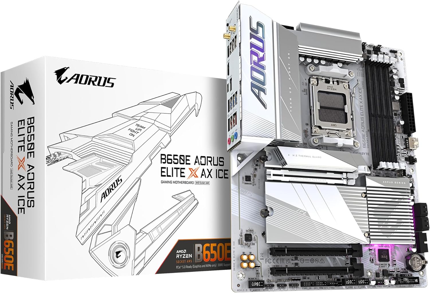 GIGABYTE B650E AORUS Elite X AX ICE AM5 LGA 1718 AMD B650 ATX Motherboard with 5-Year Warranty, DDR5, 3X M.2, PCIe 5.0, USB 3.2 Gen2X2 Type-C, WiFi 6E, 2.5GbE LAN, Q-Flash Plus, EZ-Latch Plus