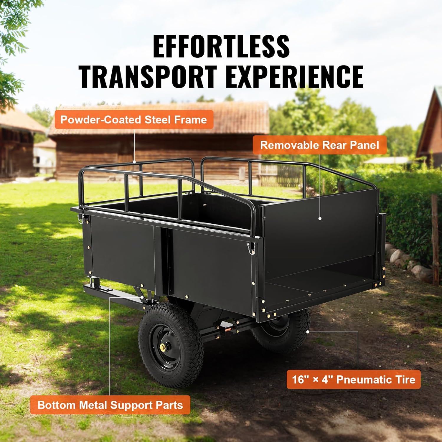 VEVOR Heavy Duty ATV Dump Cart - Steel Tow Behind trailer, 750 lbs, 15 Cubic Feet Garden Utility with Removable Sides