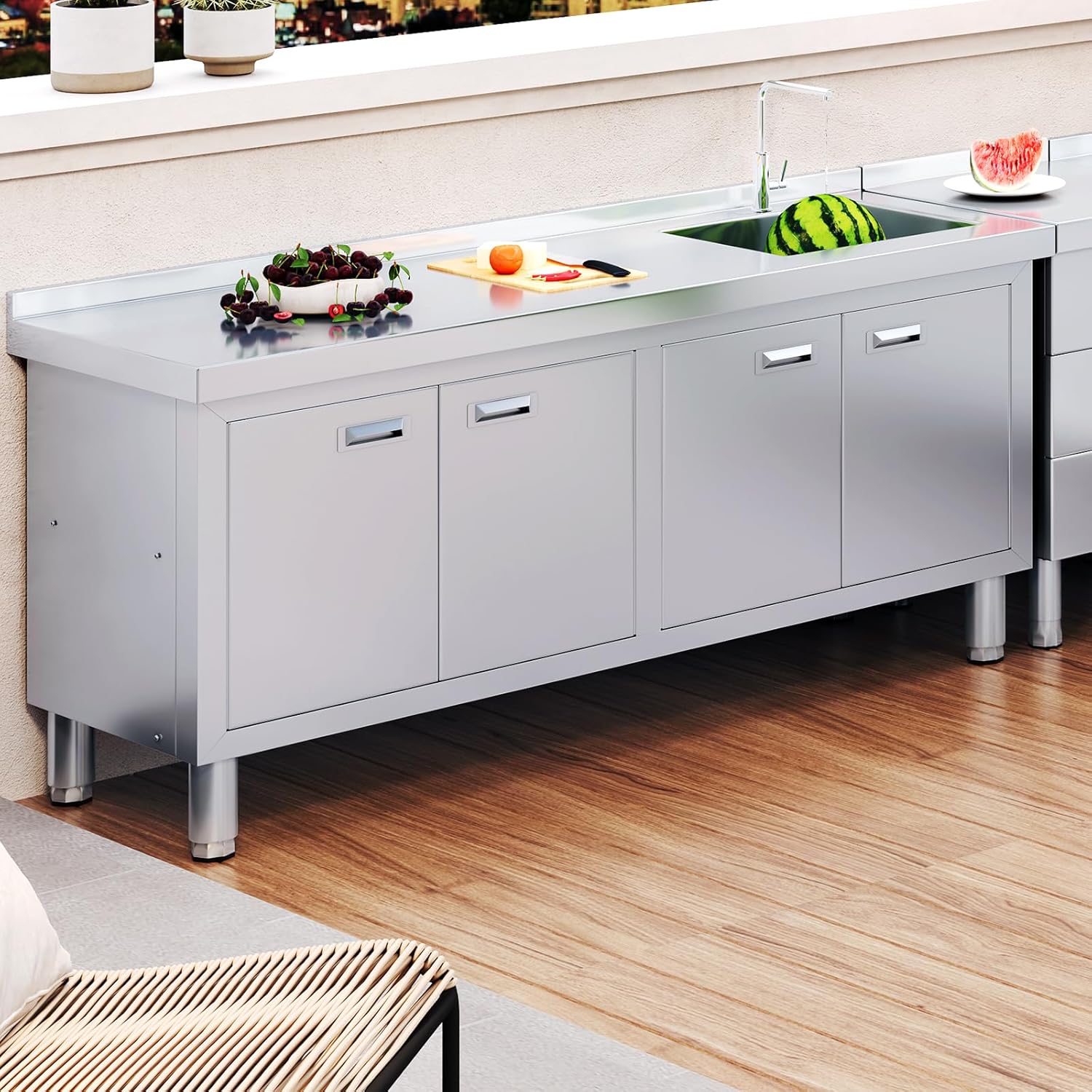 WWK 59" x 21" Stainless Steel Sink with Cabinet, Freestanding Utility Sink Laundry Sink, Heavy Duty Commercial Kitchen Sink for Outdoor, Restaurant, Hotel, Cafe, and Garage, 21D x 59W x 35H inches