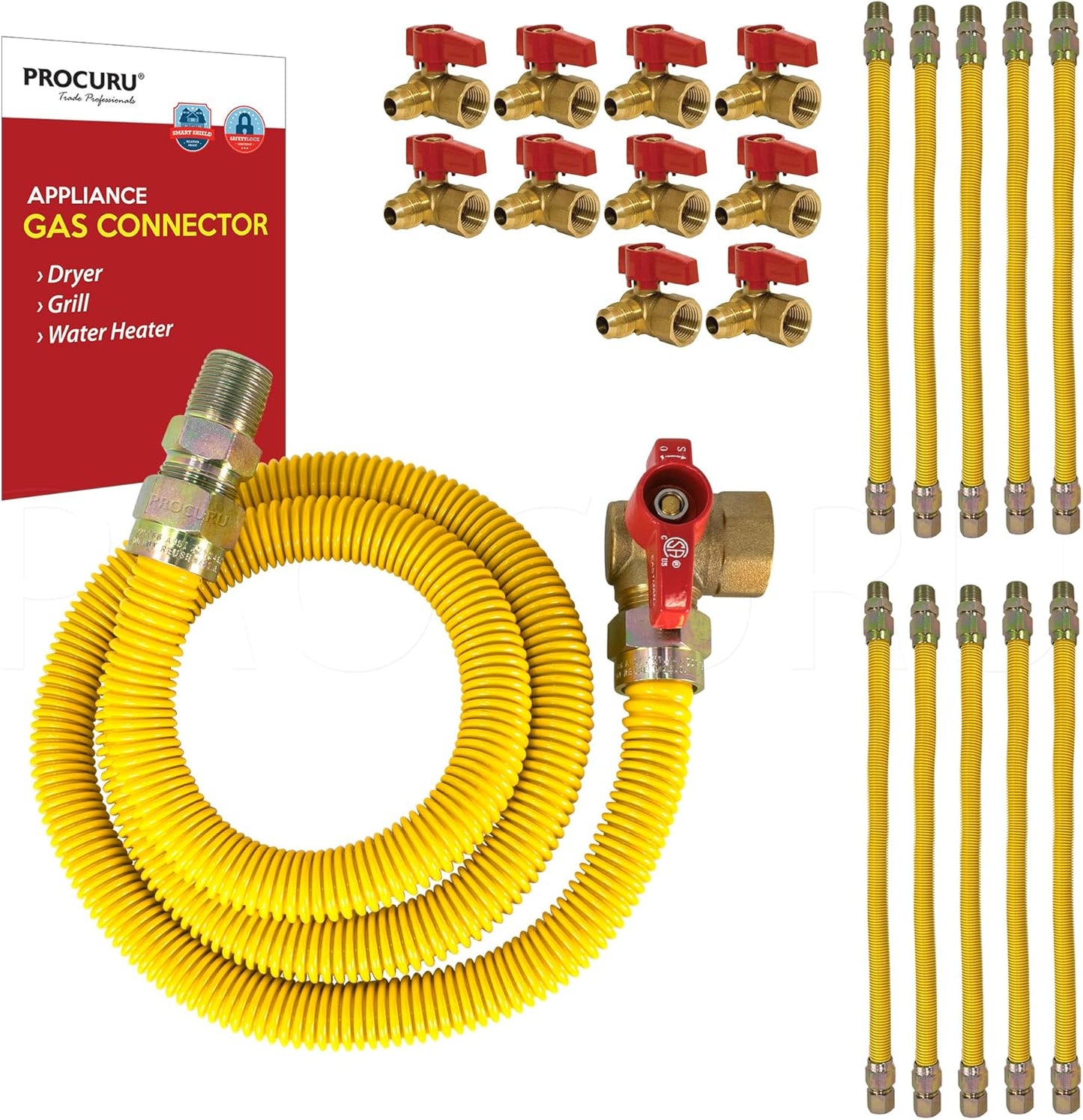 [10-Pack] PROCURU Wholesale 1/2" OD x 72" (6Ft) x 1/2"MIP x 1/2" Angle Valve, Flexible Gas Connector, Yellow-Coated Stainless Steel Tubing for Dryer, Grill, Water Heater (Red-6G1272-AV-10P)