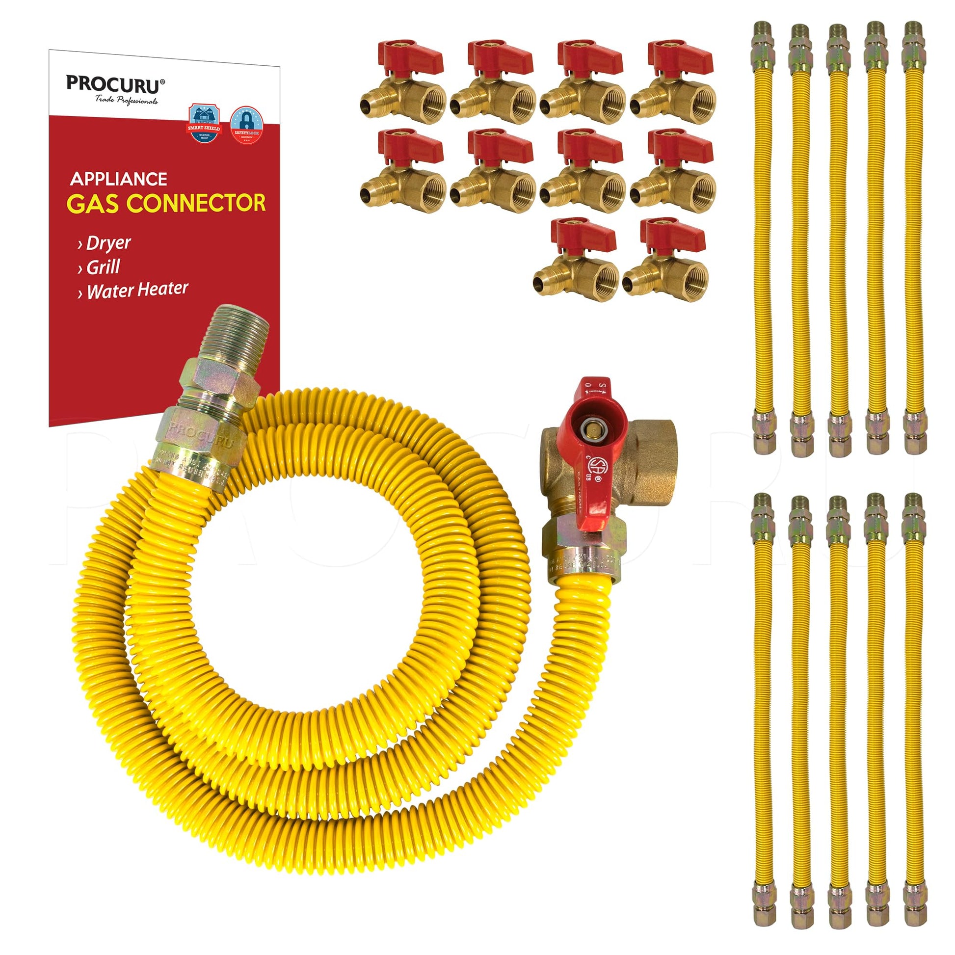 [10-Pack] PROCURU Wholesale 1/2" OD x 72" (6Ft) x 1/2"MIP x 1/2" Angle Valve, Flexible Gas Connector, Yellow-Coated Stainless Steel Tubing for Dryer, Grill, Water Heater (Red-6G1272-AV-10P)