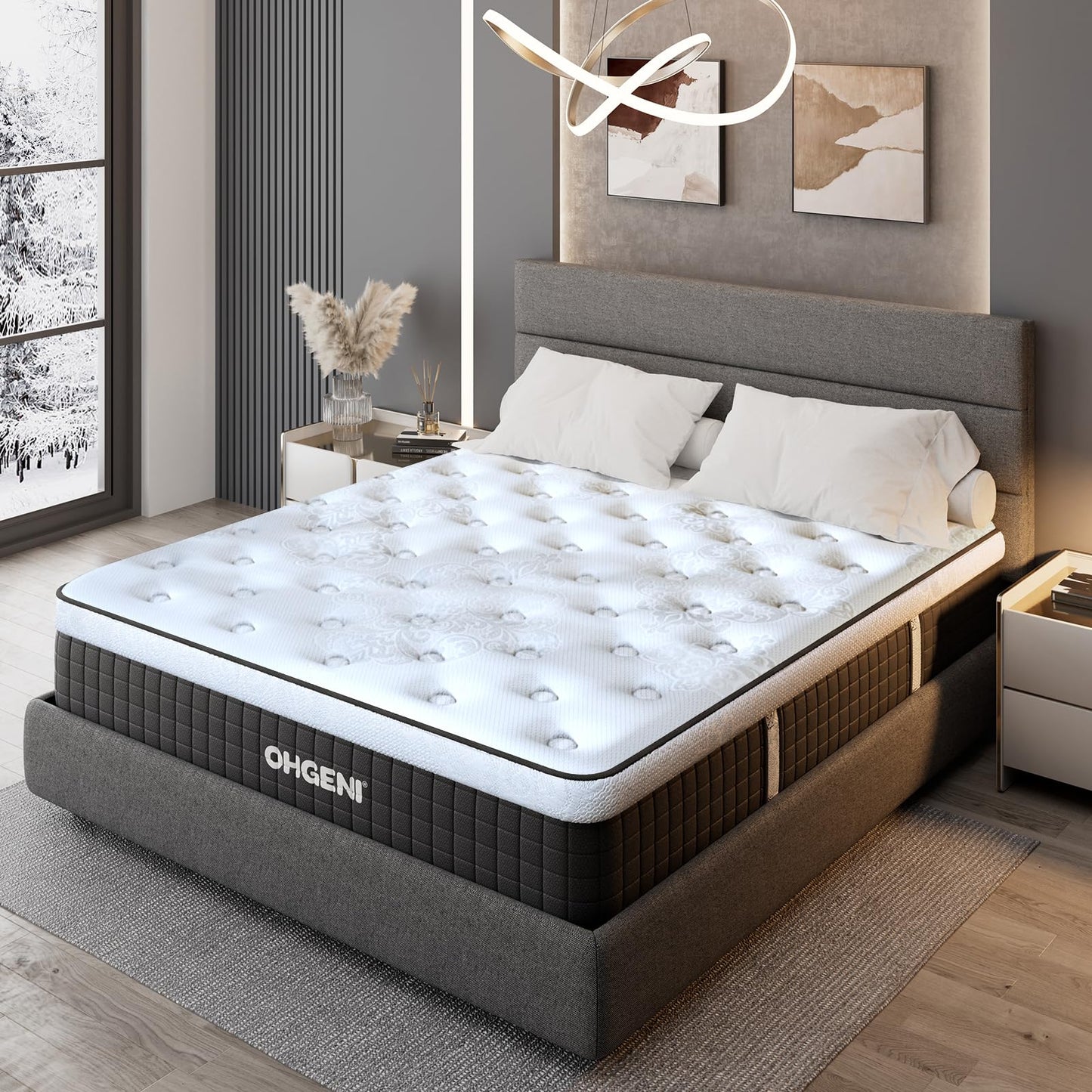 OhGeni 14 Inch Cooling Queen Size Mattress, Hybrid Gel-infused Memory Foam Bed Mattresses in a Box, Medium Feel Cool Top Fabric,Individual Pocket Spring, 3-Zone design & Reinforced Edge Support, Black