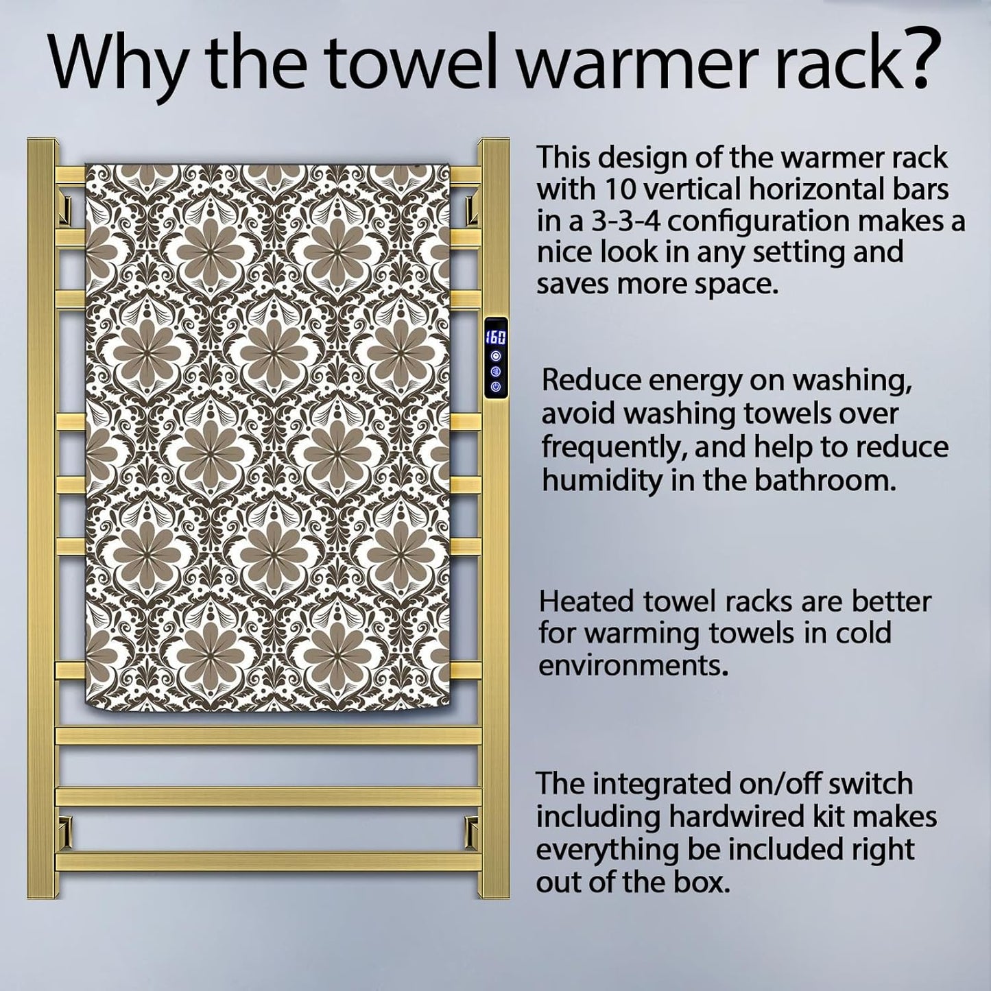 Towel Warmer Rack for Bathroom with Timer/Fahrenheit Temperature Control Wall Mounted Electric Heated 10 Bar Rail Plug-in or Hardwired Keep Bath Shower Towel Warming (Brushed Gold)