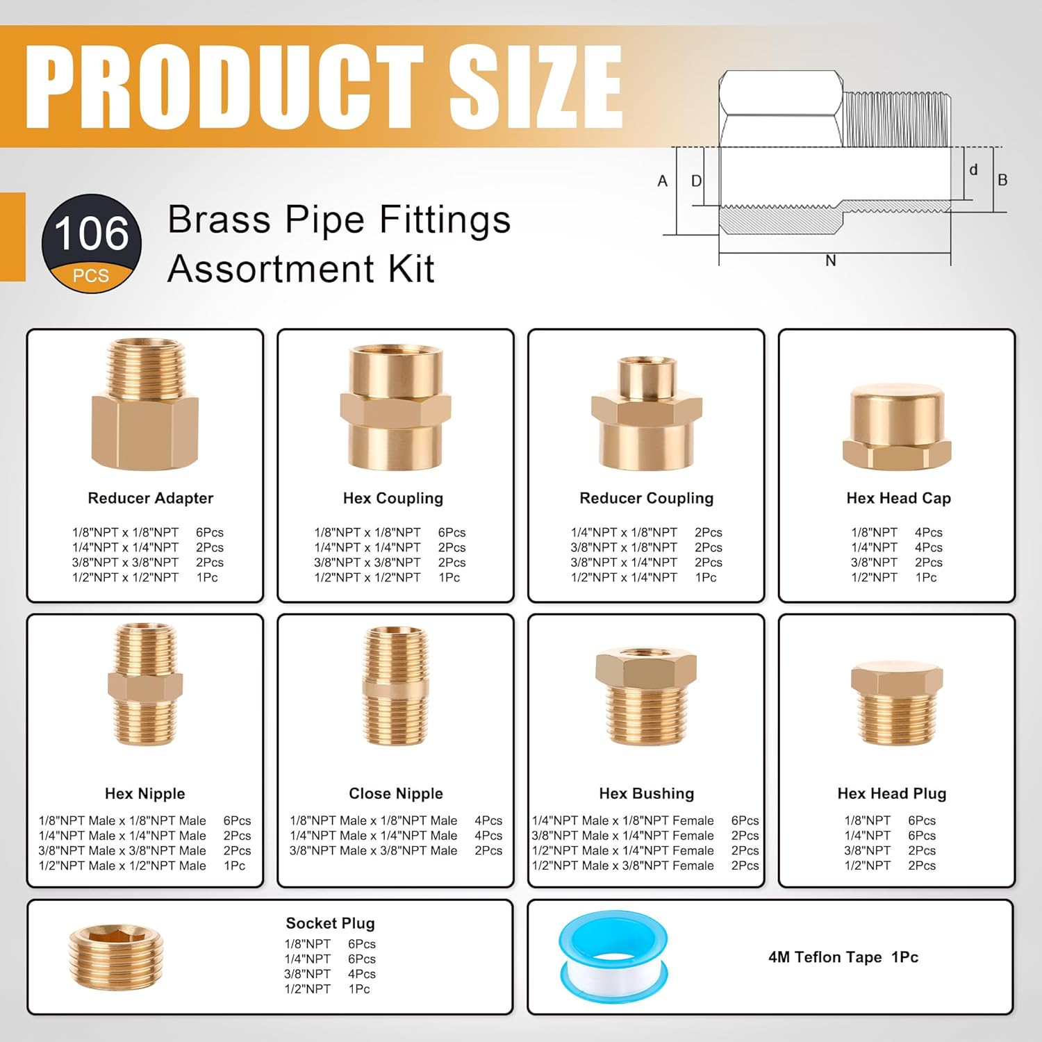 106PCS Brass Pipe Fittings Assortment Kit NPT Extension Adapter,Reducer Bushing,Hex Nipple,Close Nipple,Reducing Hex Coupling,Hex Head Plugs,Hex head Cap,Socket Plug Kit