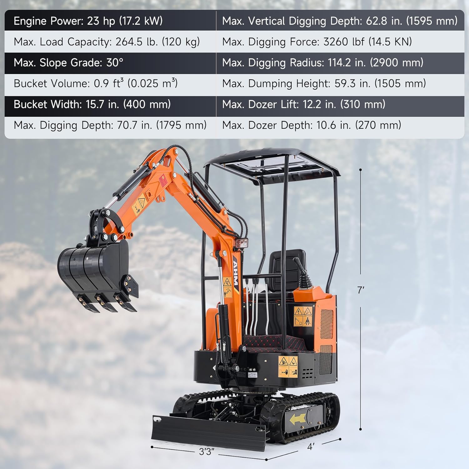 AHM 23hp Mini Excavator with Hydraulic Thumb Grapple Quick Hitch Bucket, 1 Ton Mini Crawler Excavator with Retractable Undercarriage, Trench Digger for Trenching Digging Garden Farm Construction Site