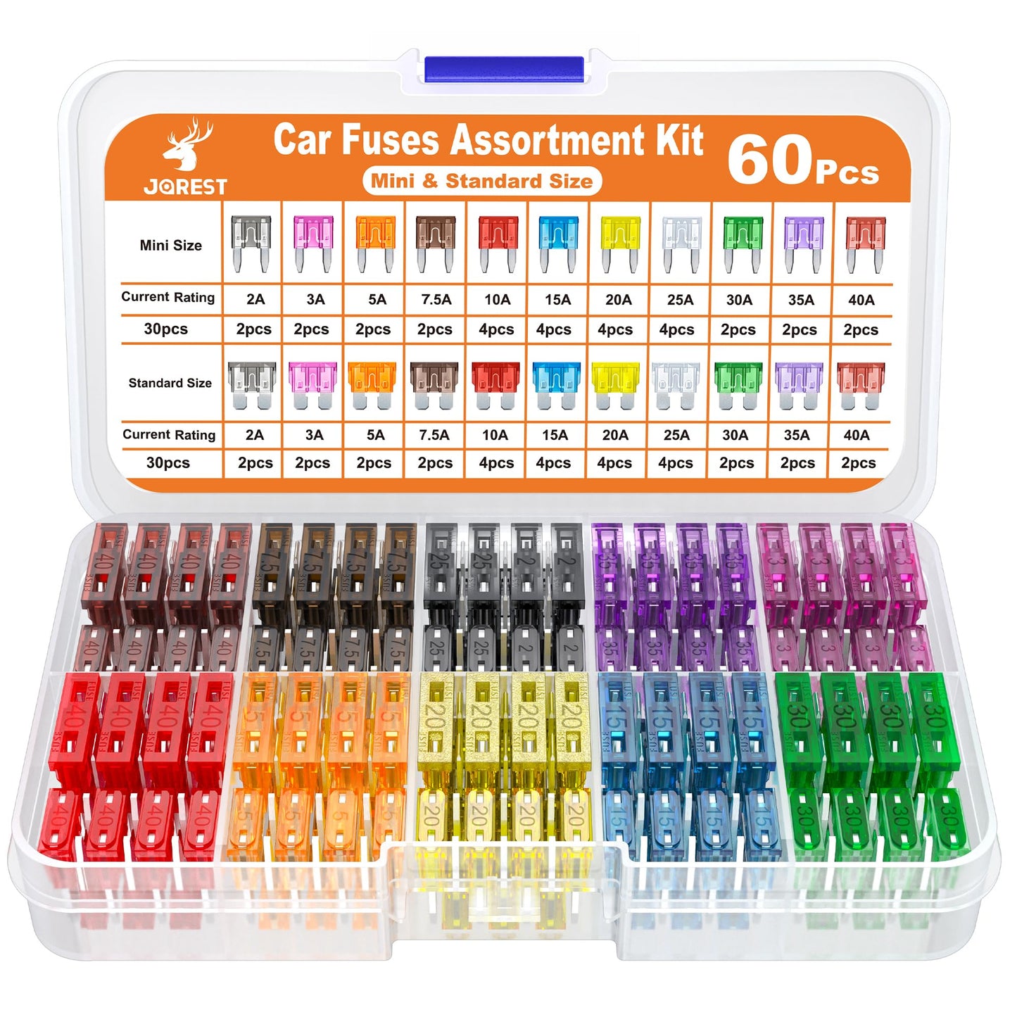 JOREST 360Pcs Car Fuse Assortment Kit, 160 Mini Blade Fuses Automotive + 90 Standard Auto Fuses + 50 Micro Fuse + 60 Micro2 – for RV/Truck/Motorcycle(2A 3A 5A 7.5A 10A 15A 20A 25A 30A 35A 40A)