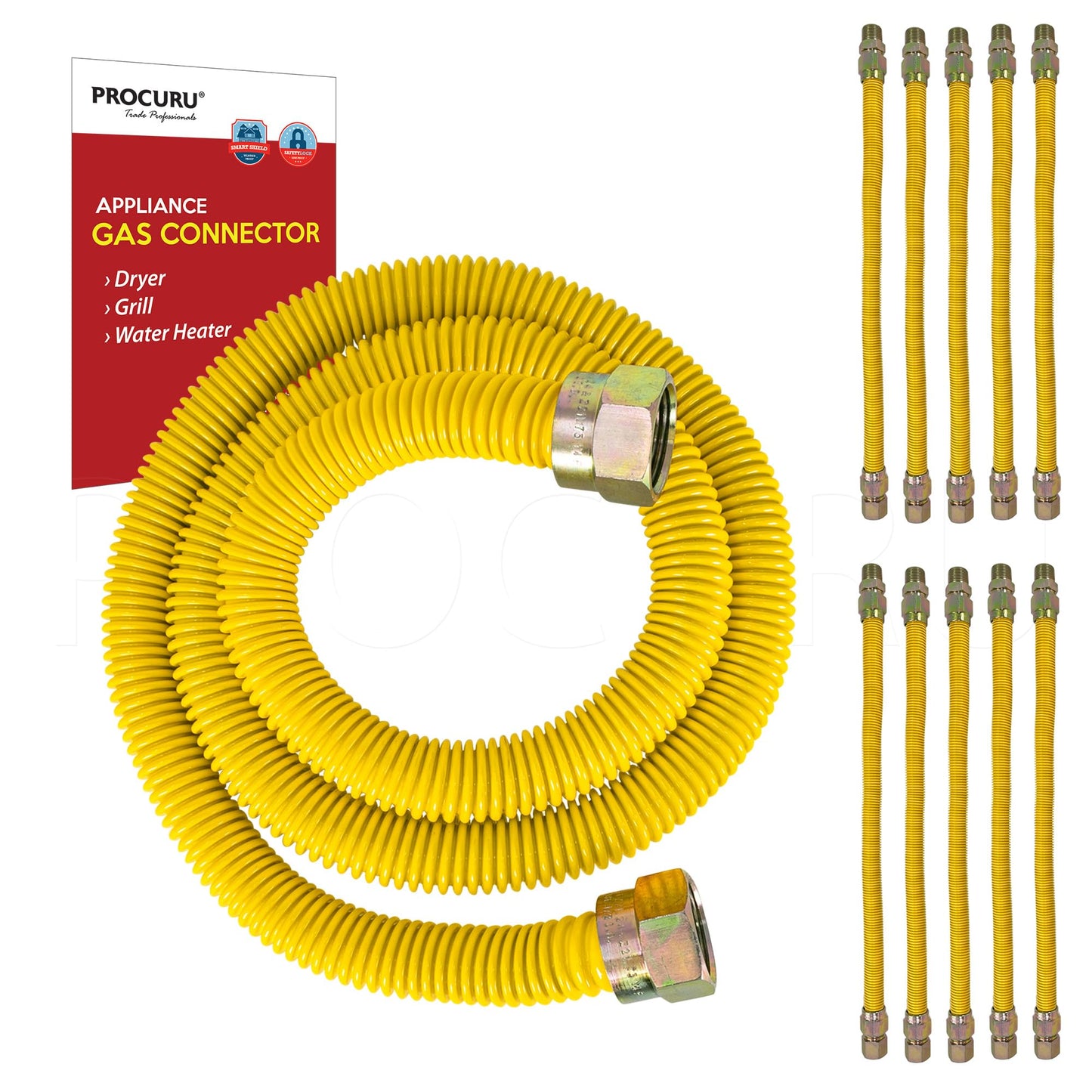 [10-Pack] PROCURU Wholesale 1/2" OD x 72" (6Ft) x 1/2"MIP x 1/2" Angle Valve, Flexible Gas Connector, Yellow-Coated Stainless Steel Tubing for Dryer, Grill, Water Heater (Red-6G1272-AV-10P)