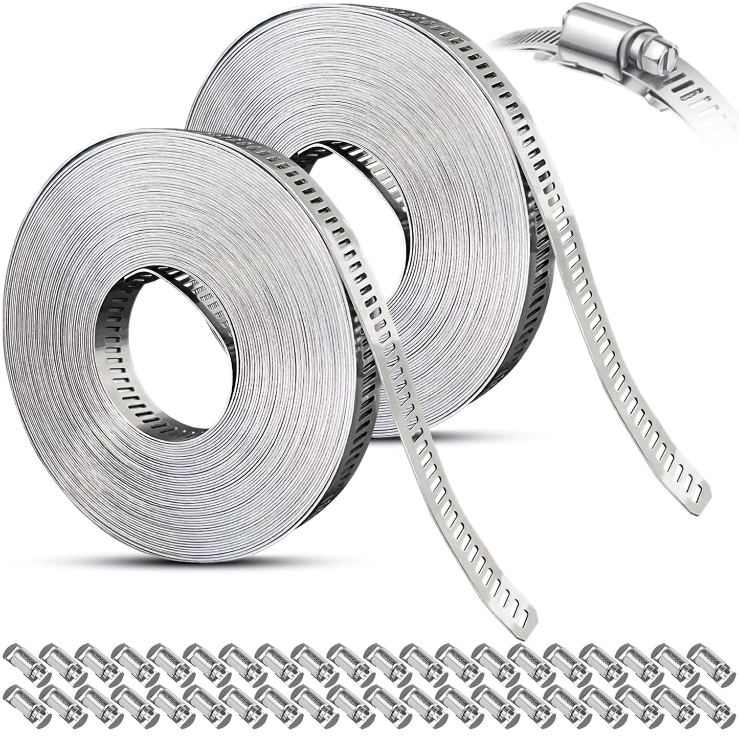 Hose Clamps Assortment Kit, Worm Gear Duct Pipe Hose, 304 Stainless Steel Band Fittings Strap, 32.81FT DIY Large Adjustable Metal Bolt with 20 Stronger Fasteners Screw for Plumbing Auto Tube Fuel Line