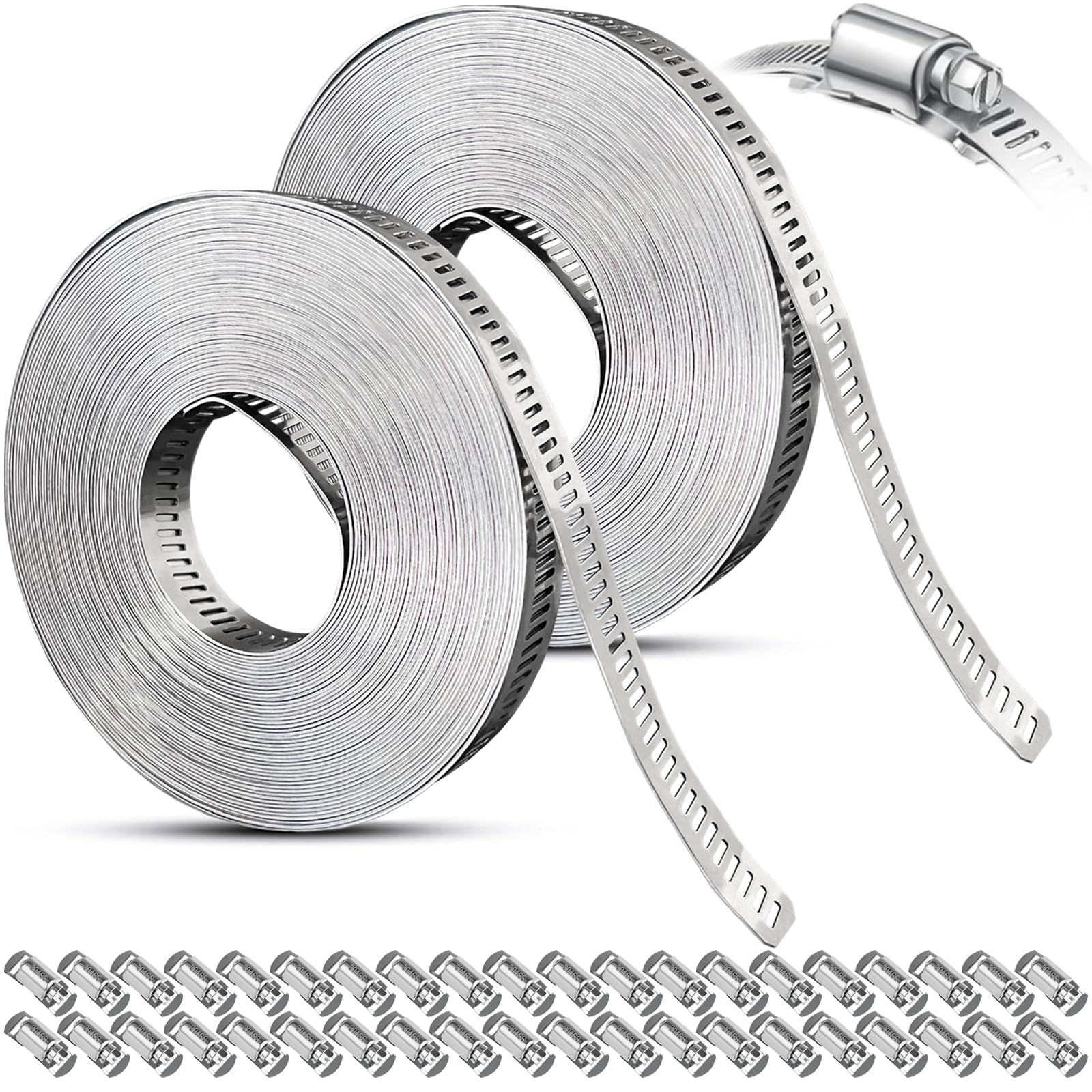 Hose Clamps Assortment Kit, Worm Gear Duct Pipe Hose, 304 Stainless Steel Band Fittings Strap, 32.81FT DIY Large Adjustable Metal Bolt with 20 Stronger Fasteners Screw for Plumbing Auto Tube Fuel Line