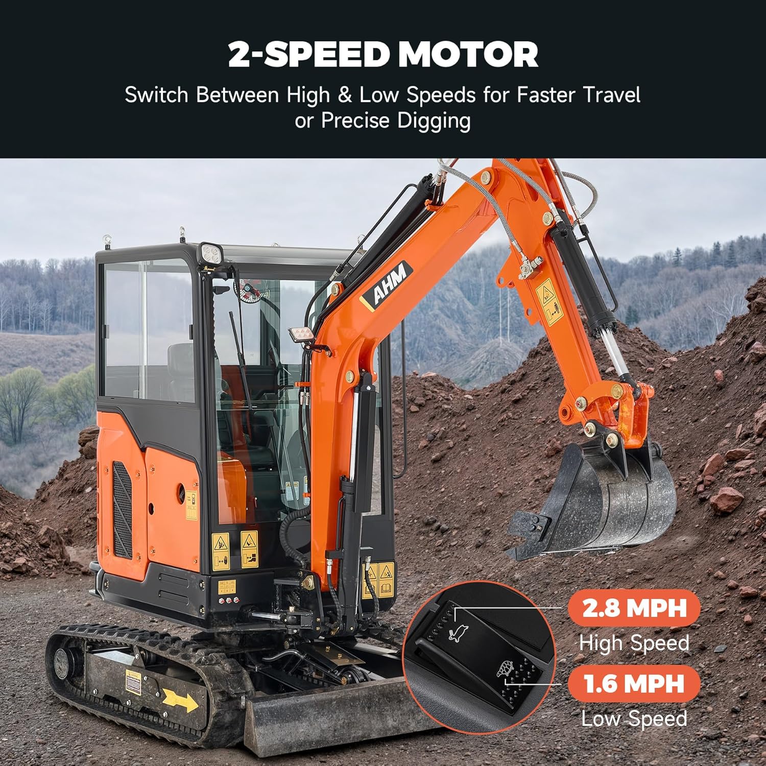 AHM 2.5 Ton Mini Excavator, Crawler Excavator with 25 HP Perkins Diesel EPA Engine, Speed Adjustable Trench Digger with Side Swing Enclosed Cab, Mini Digger for Garden Farm Construction Trenching