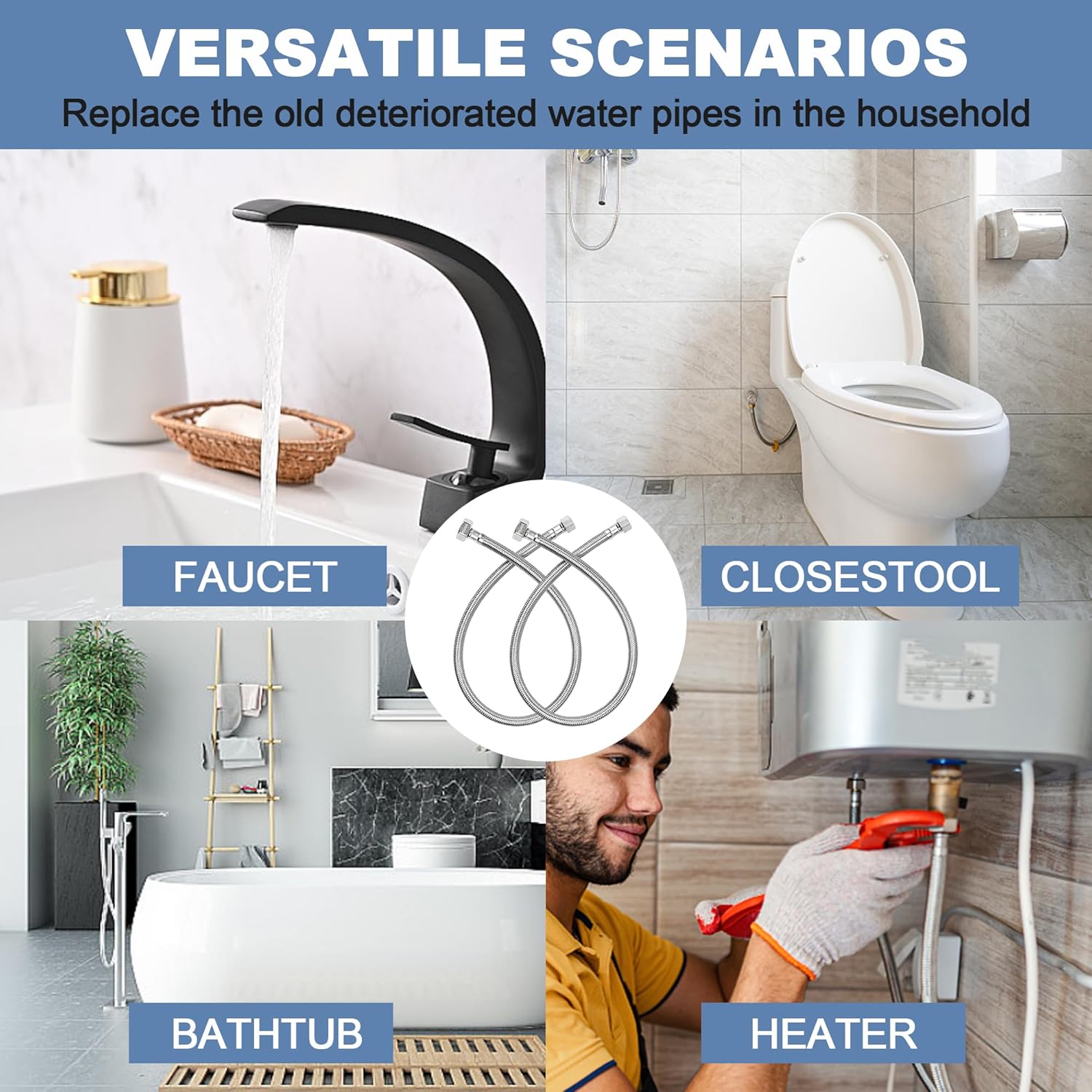 [10-Pack 36 Inch] 1/2" FIP x 3/8" COMP Faucet Supply Lines, Bathroom Faucet Hose Connector, 304 Stainless Steel Braided Water Supply Line