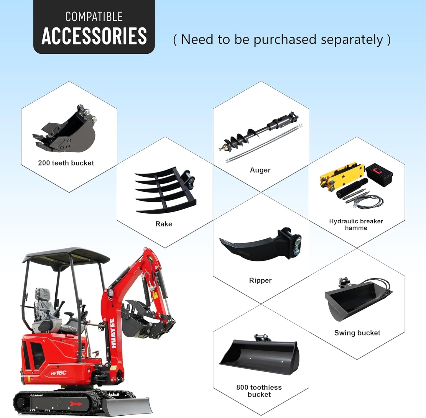 Upgraded Version HY16C 1.6T Mini Excavator, KubotaDiesel 14HP, w/Pilot Controls Side Swing Boom Includes Hydraulic Thumb & Semi-Auto Quick Coupler, Includes delivery & unloading services