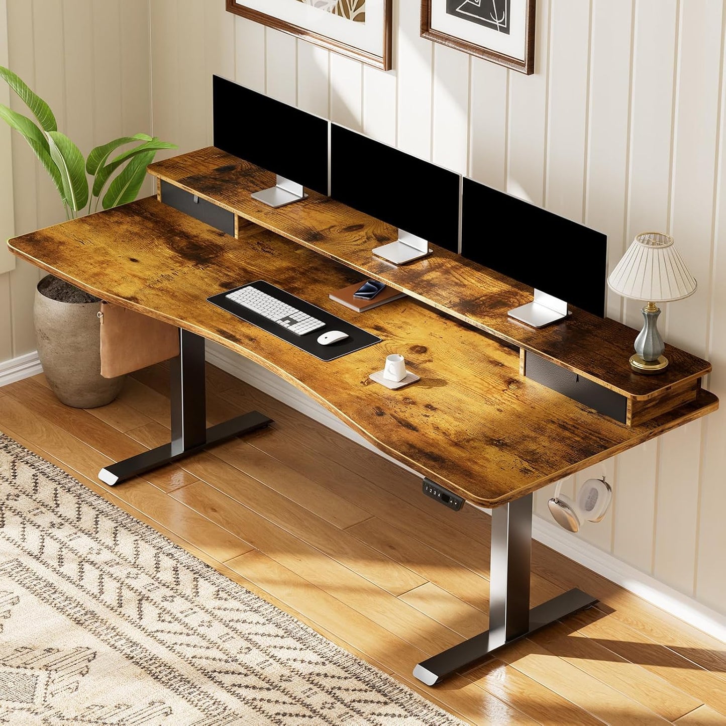 Veken 63"×27.6" Adjustable Standing Desk with Drawers, Ergonomic Computer Desk with Monitor Shelf, Home Office Desk for Work, Study, Gaming, Writing, Brown