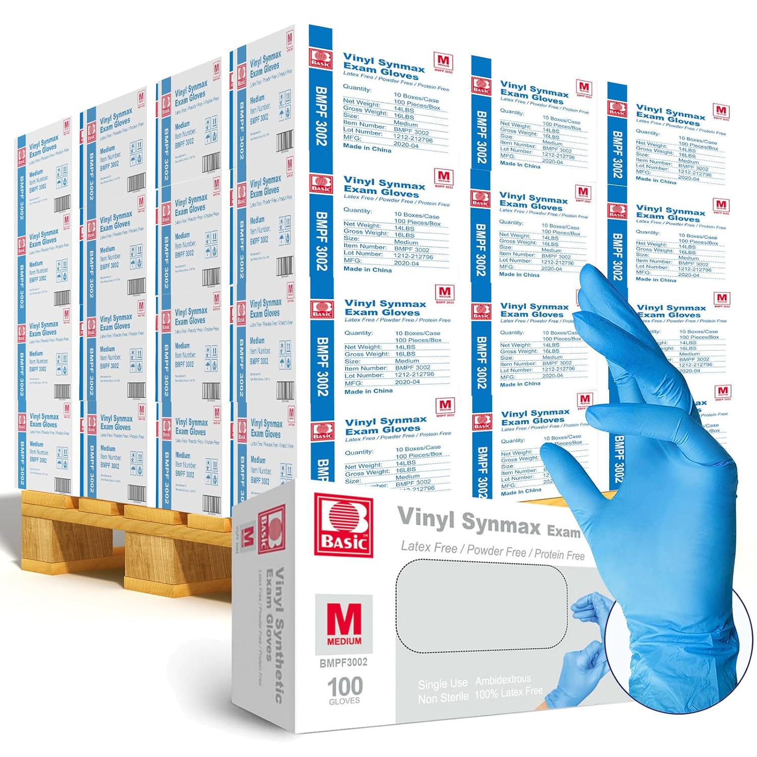 Intco Basic Medical Synmax Vinyl Exam Gloves - Latex-Free & Powder-Free - Medium, BMPF-3002(Pallet of 48,000)