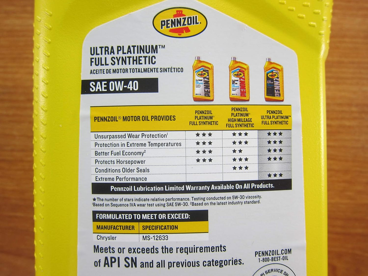 Mopar Chrysler Dodge Jeep Penzoil Ultra Platinum Full Synthetic 0W-40 7 Qts.