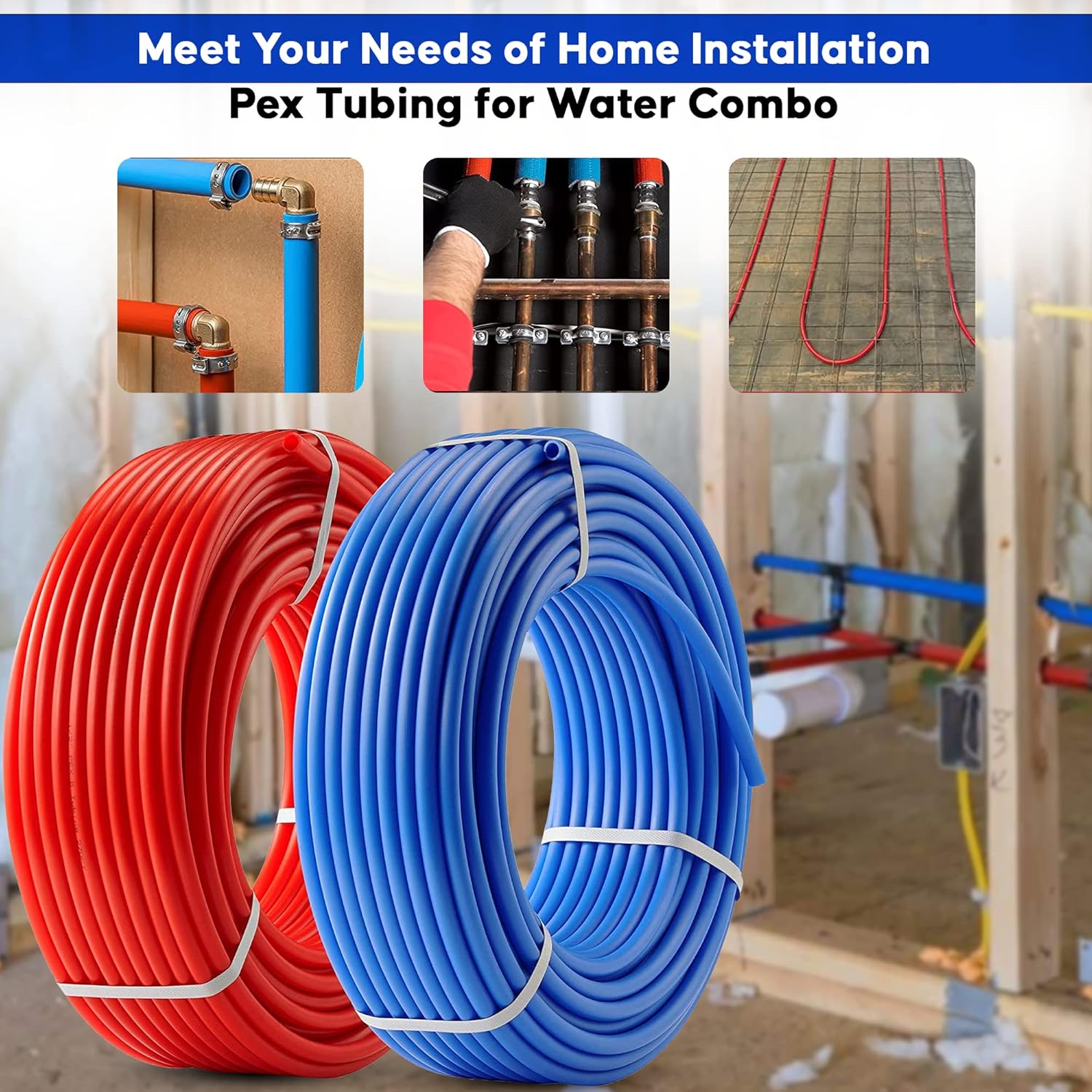 PEX B Tubing - 2 Rolls of PEX Tubing - 1/2 Inch X 100 ft Blue and Red Pipe - Non-Barrier Radiant Heating Plumbing for Cold and Hot Water (Type B)