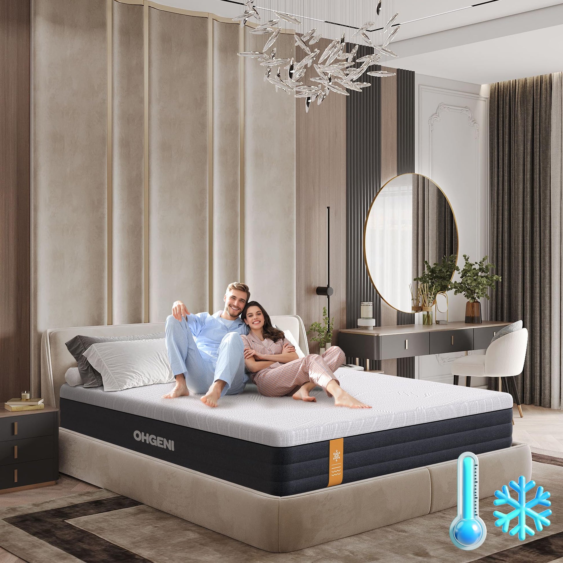 OhGeni 14 Inch Cooling Queen Size Mattress, Hybrid Gel-infused Memory Foam Bed Mattresses in a Box, Medium Feel Cool Top Fabric,Individual Pocket Spring, 3-Zone design & Reinforced Edge Support, Black