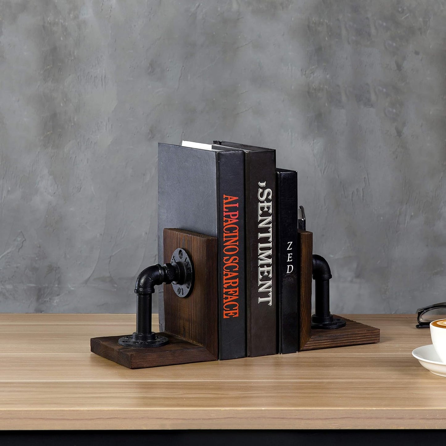 MyGift Book Ends,Bookends for Shelves,Metal Bookends for Heavy Books,Wood Decorative Book Stopper,with Realistic Industrial Pipe Design,Dark Brown Book End for Home Office