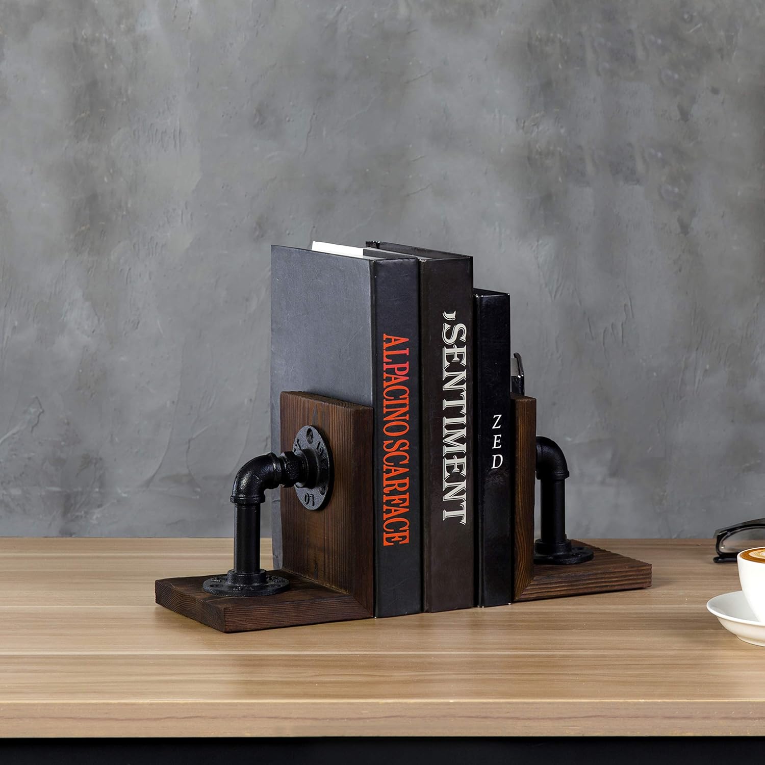 MyGift Book Ends,Bookends for Shelves,Metal Bookends for Heavy Books,Wood Decorative Book Stopper,with Realistic Industrial Pipe Design,Dark Brown Book End for Home Office