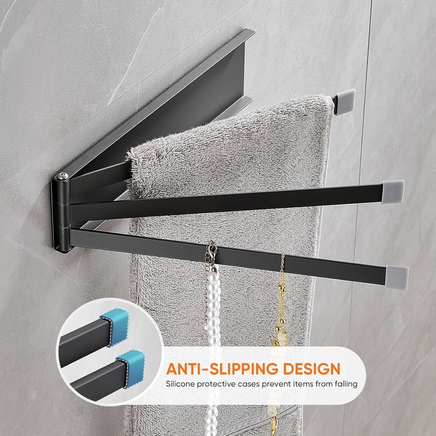 OWOFAN Swivel Towel Bars 3-Arm Towel Rack Swing Out Towel Holder for Bathroom Kitchen Toilet Wall Mount Drying Towel Bars for Laundry Matte Black