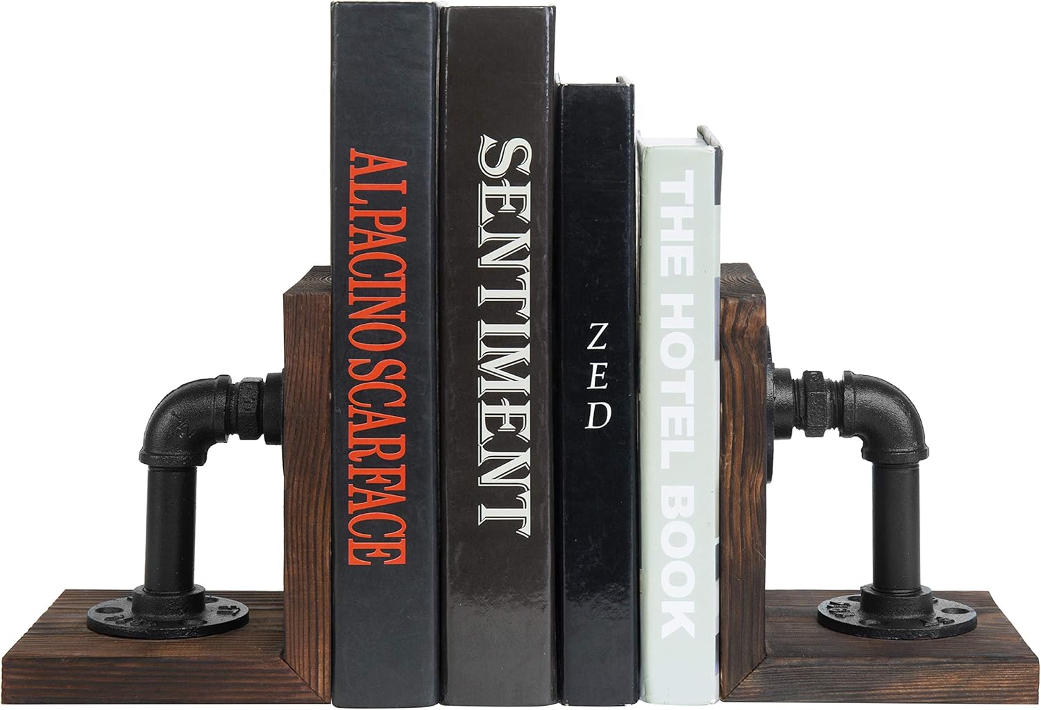 MyGift Book Ends,Bookends for Shelves,Metal Bookends for Heavy Books,Wood Decorative Book Stopper,with Realistic Industrial Pipe Design,Dark Brown Book End for Home Office