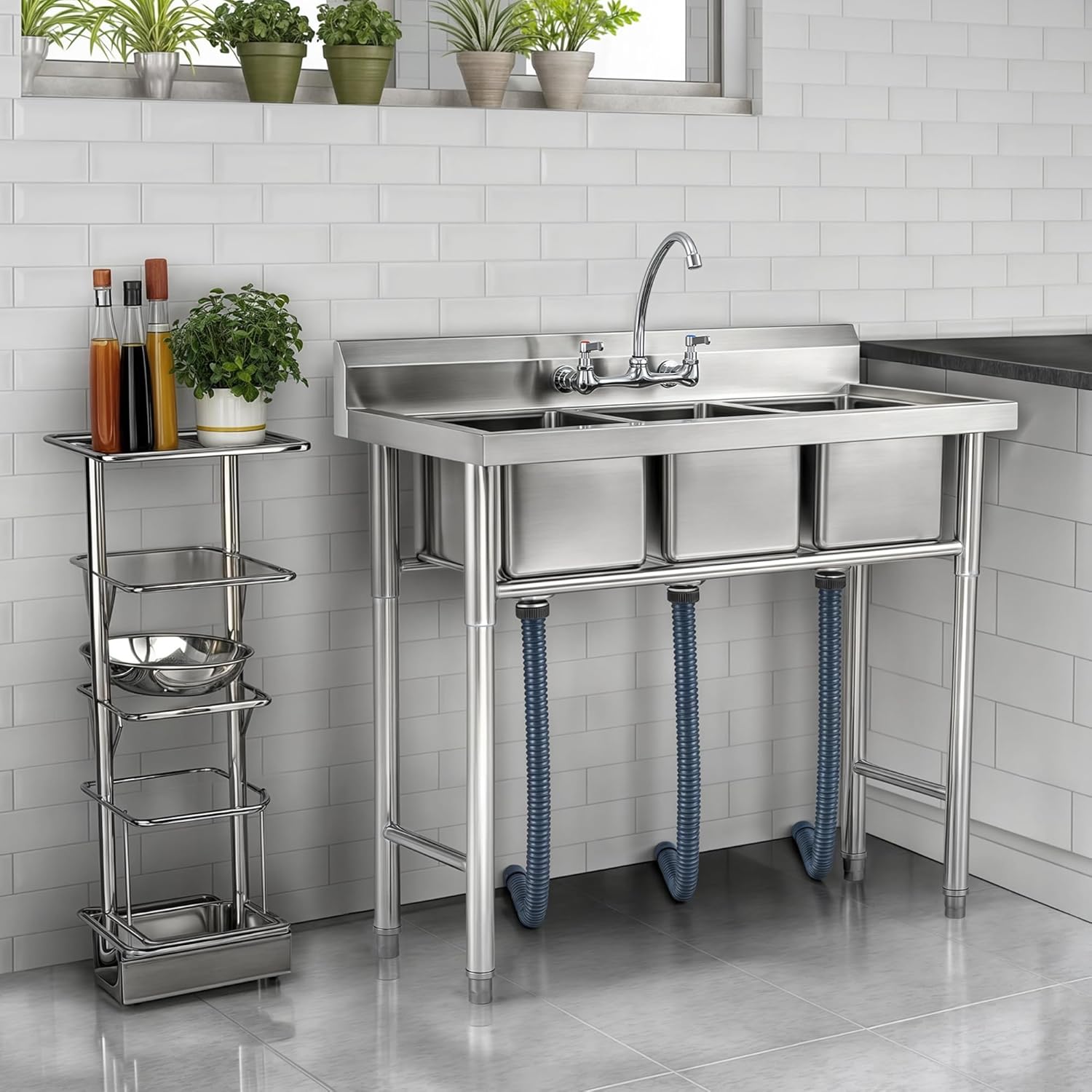 WILPREP Stainless Steel 3 Compartment Commercial Sink with s, Kitche Station with 11x10 Inch Basins, Utility Sink for Restaurant Bar Home Laundry Room Garage