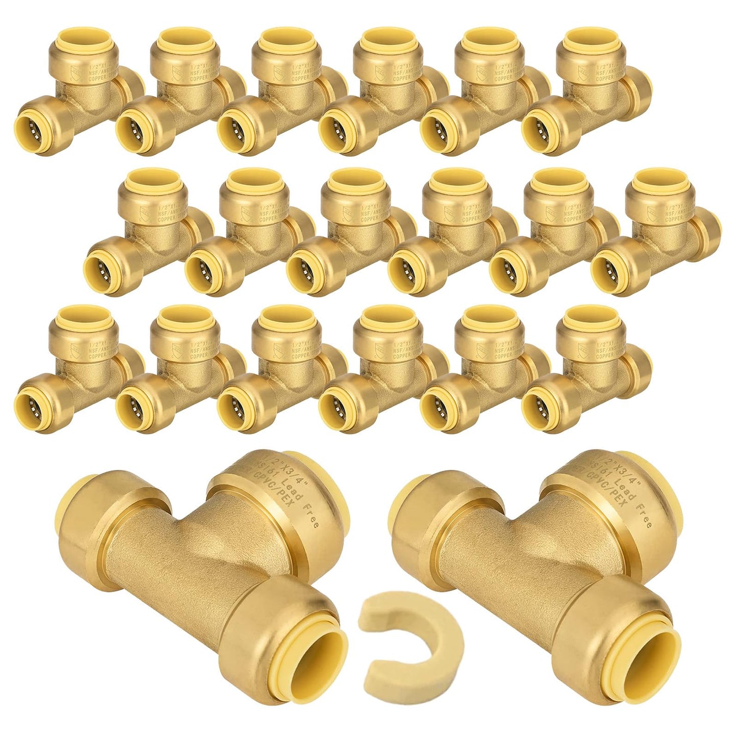 5-Pack Niikappu Pushfit Tee, 3/4"x3/4"x1/2" PEX Brass Push-fit Tee, Push to Connect Plumbing Fittings for PEX, Copper, CPVC, with Disconnect Clip(PF127-5)